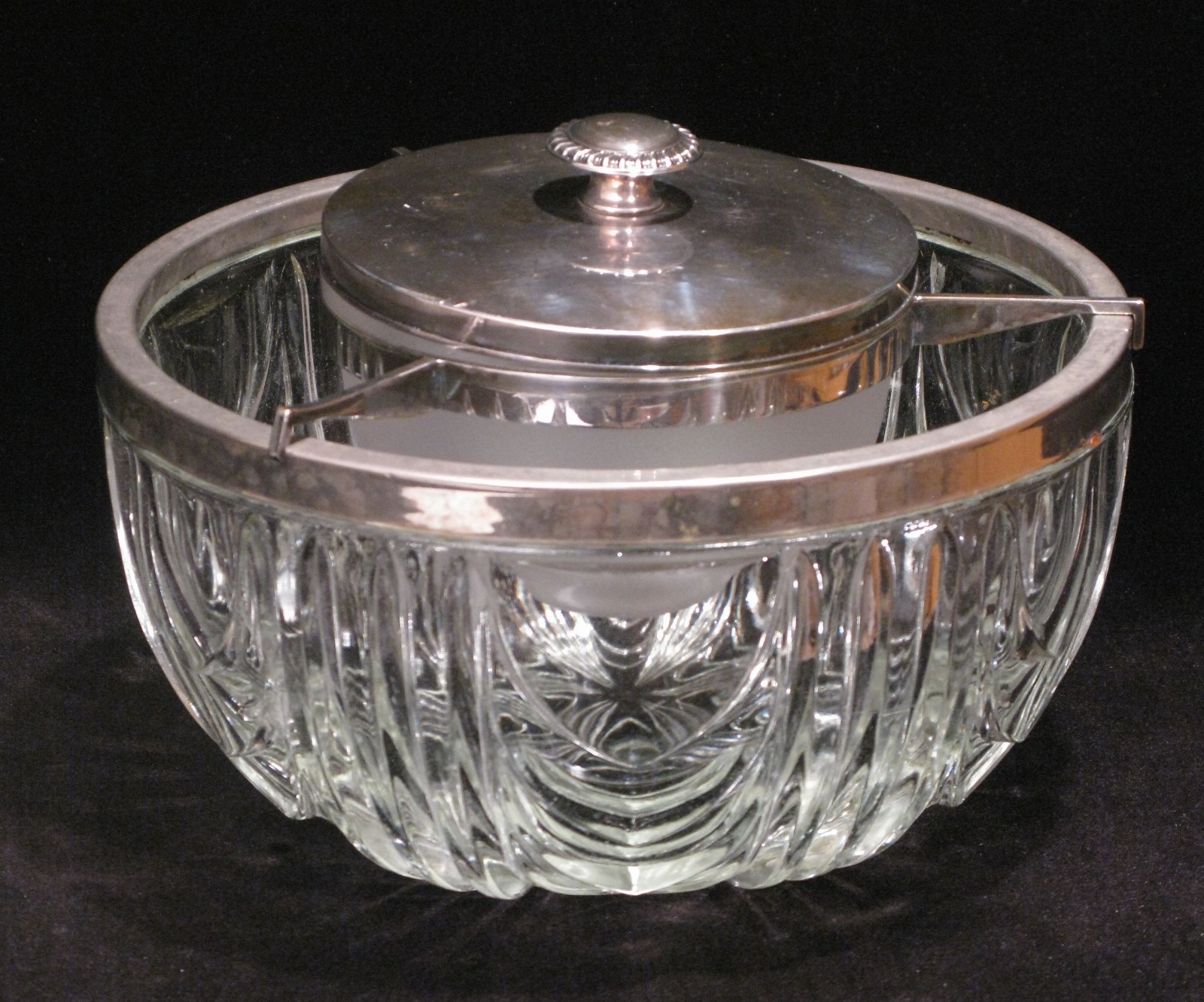 Vintage Heavy Cut Glass Ice Bucket Frosted Glass Insert Silverplate Lid MCM Bar