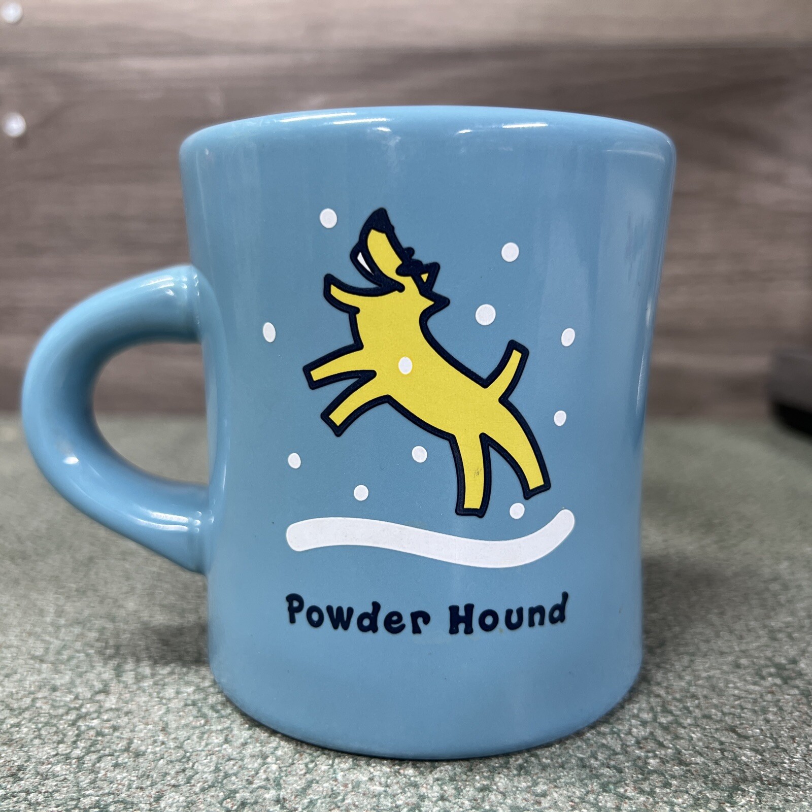 LIFE IS GOOD Home Powder Hound Cup Mug Diner Style Blue 10 oz Dog Snow Winter