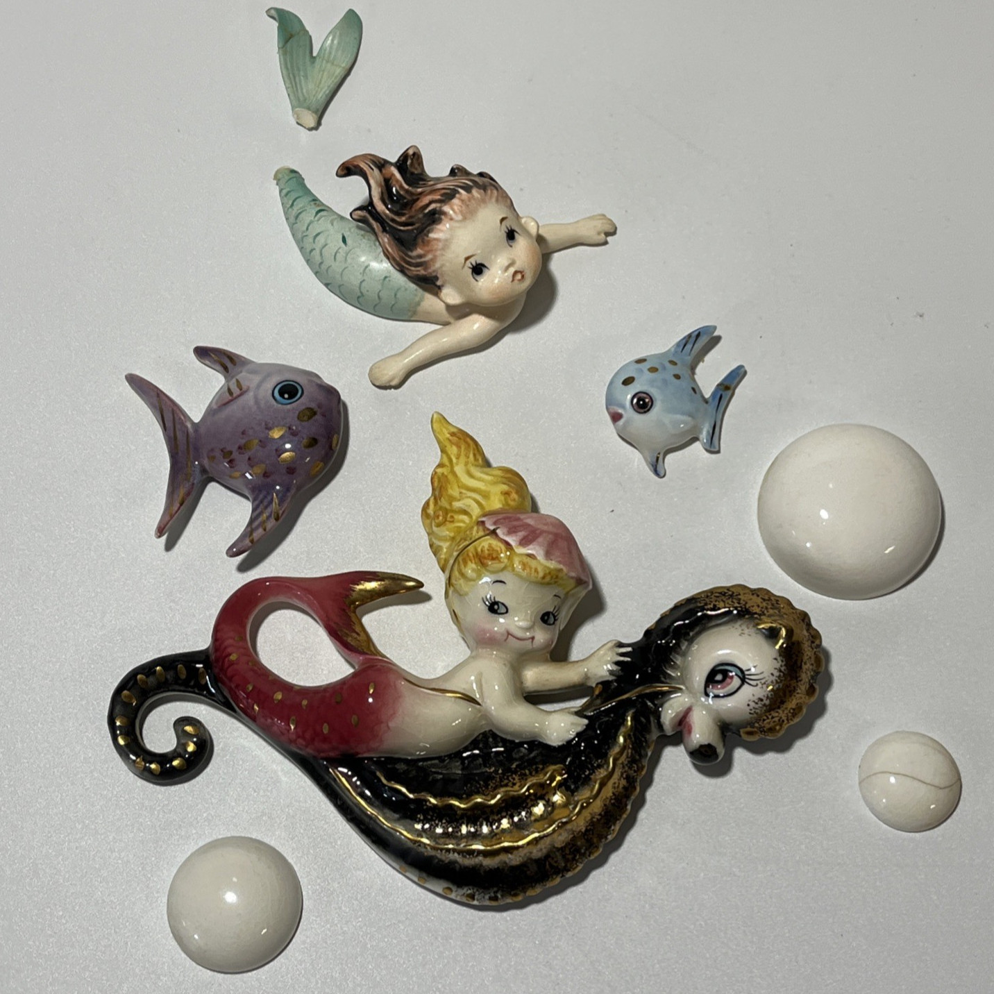 Vtg Lefton Chalkware Mermaid Seahorse Fish Bubbles Wall Plaque MCM READ PLEASE