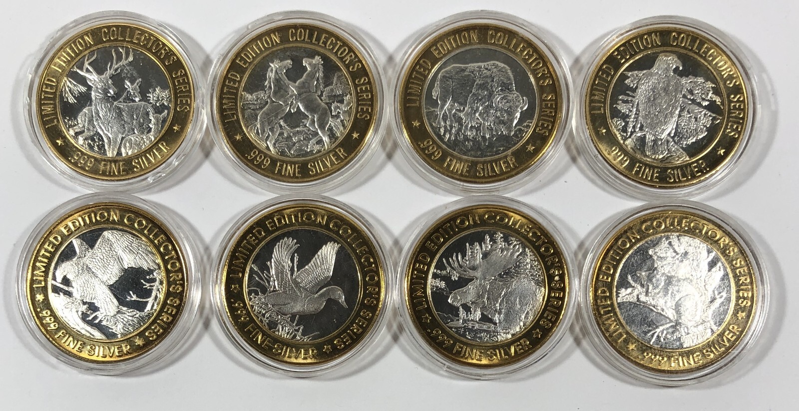 8 different Grand Casino Silver Wildlife Series $10 Collector Coins. 4.8oz ASW