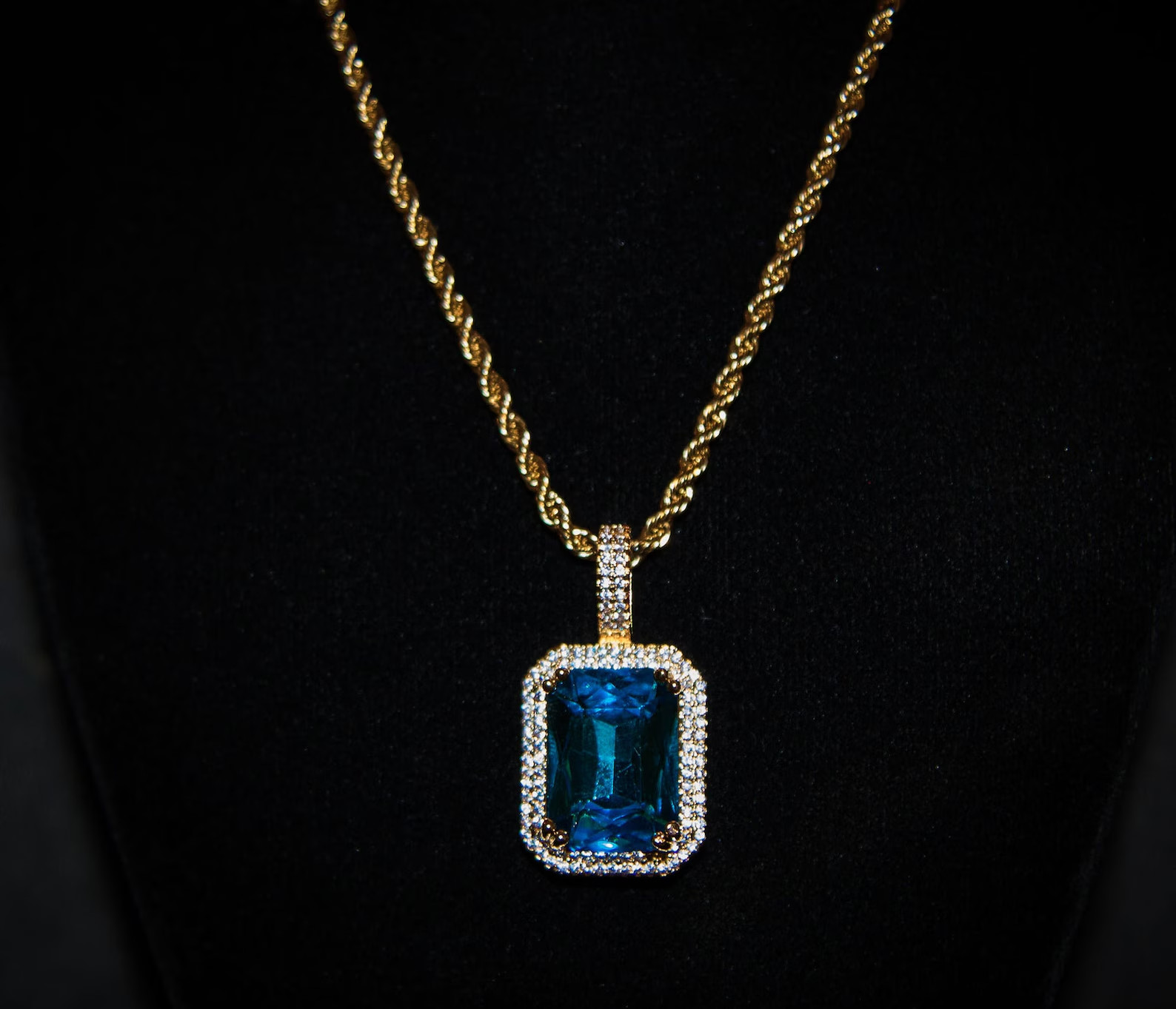 Blue Sapphire & Diamond 18K Yellow Gold Over Pendant with 24″Chain Necklace Mens