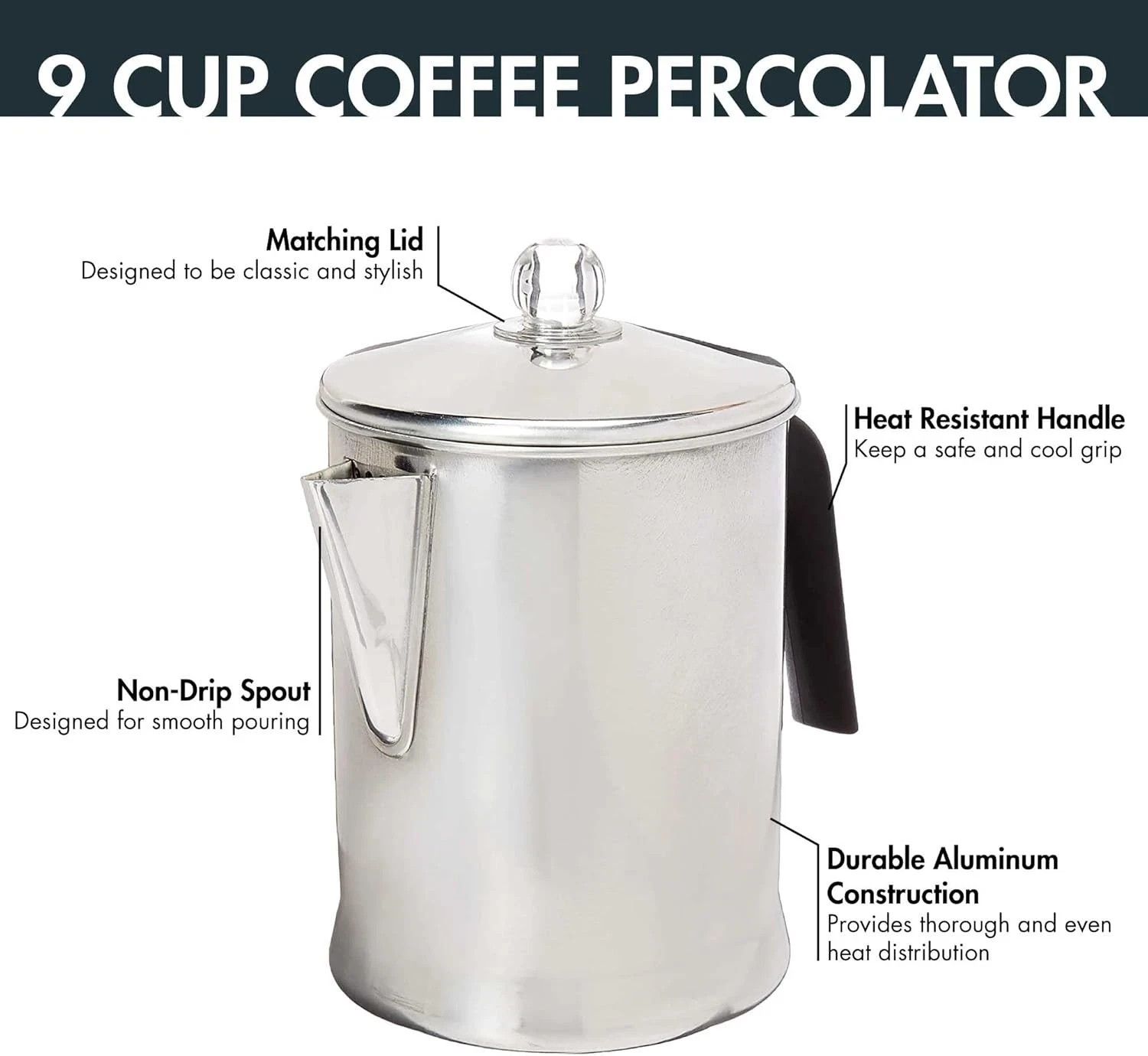 Heavy Duty Stove Top Percolator Coffee Pot Maker Aluminum 9-Cup.