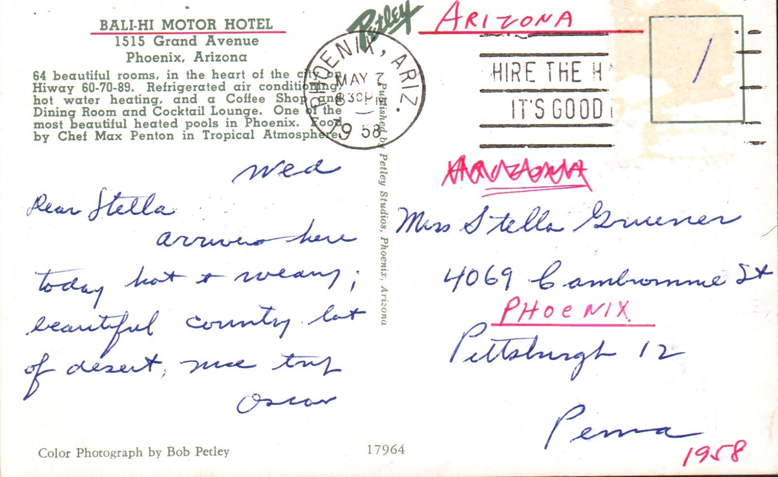 Bali-Hi Motor Hotel Phoenix AZ Vintage Postcard Posted 1958 Mid Century Modern