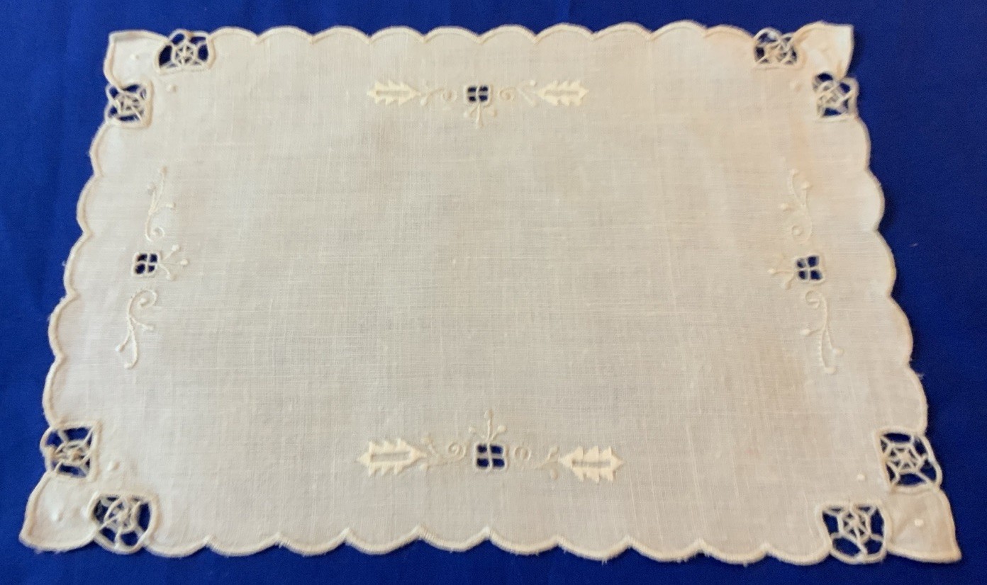 Vintage Antique Rectangle Doily, Flower Embroidery, Linen, Off White