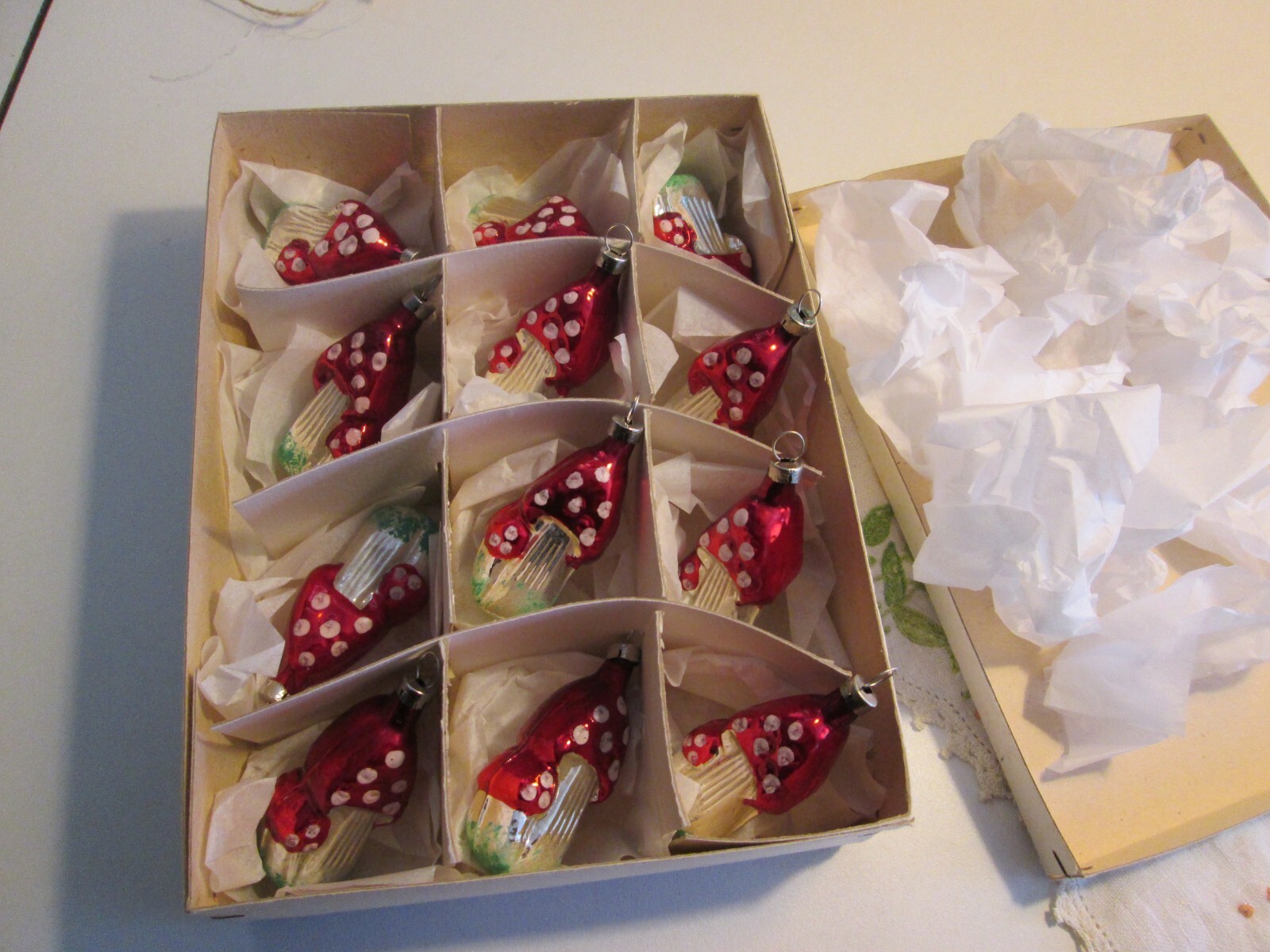 Vintage Czech Mushrooms Christmas mercury glass Ornaments 12 lot Red white dots