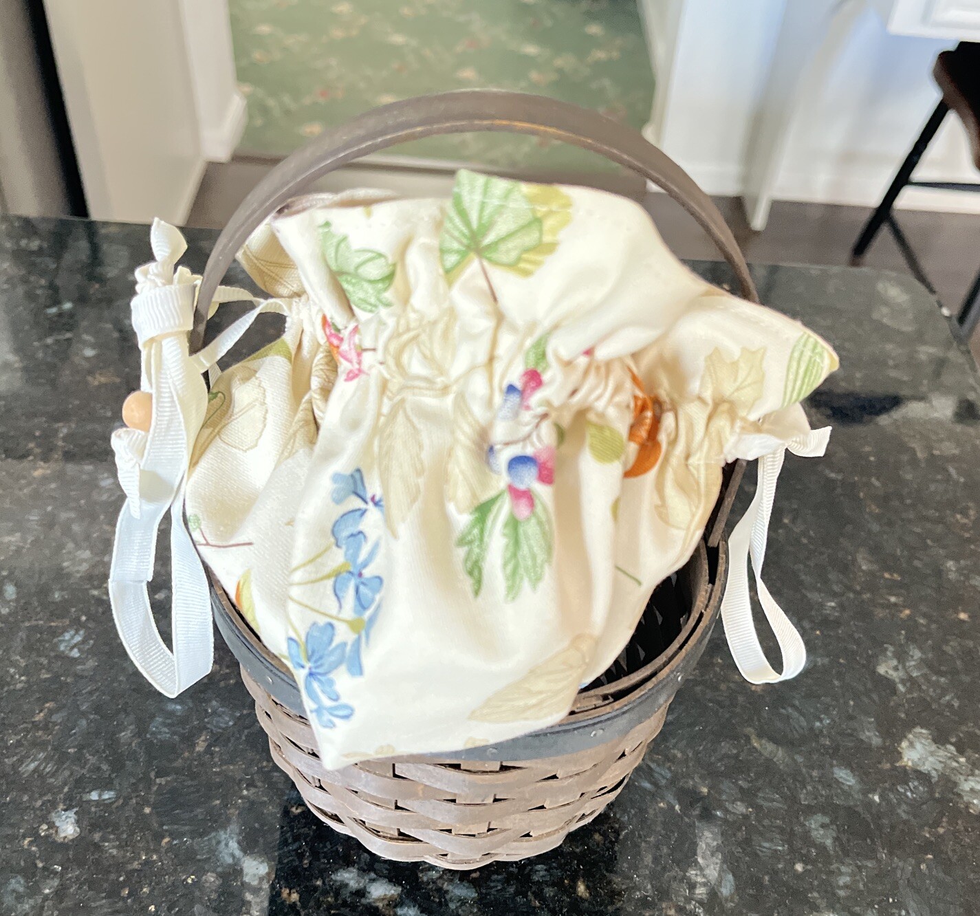 Longaberger Rich Brown Basket With Floral Fabric Liner
