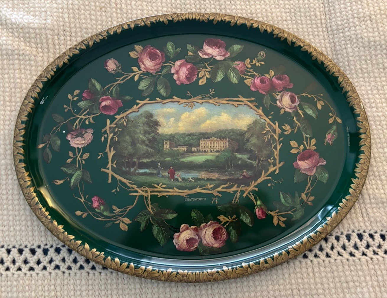 Barnsley Green Oval Tea Tray Patricia Machin For Chatsworth England 16” Vintage