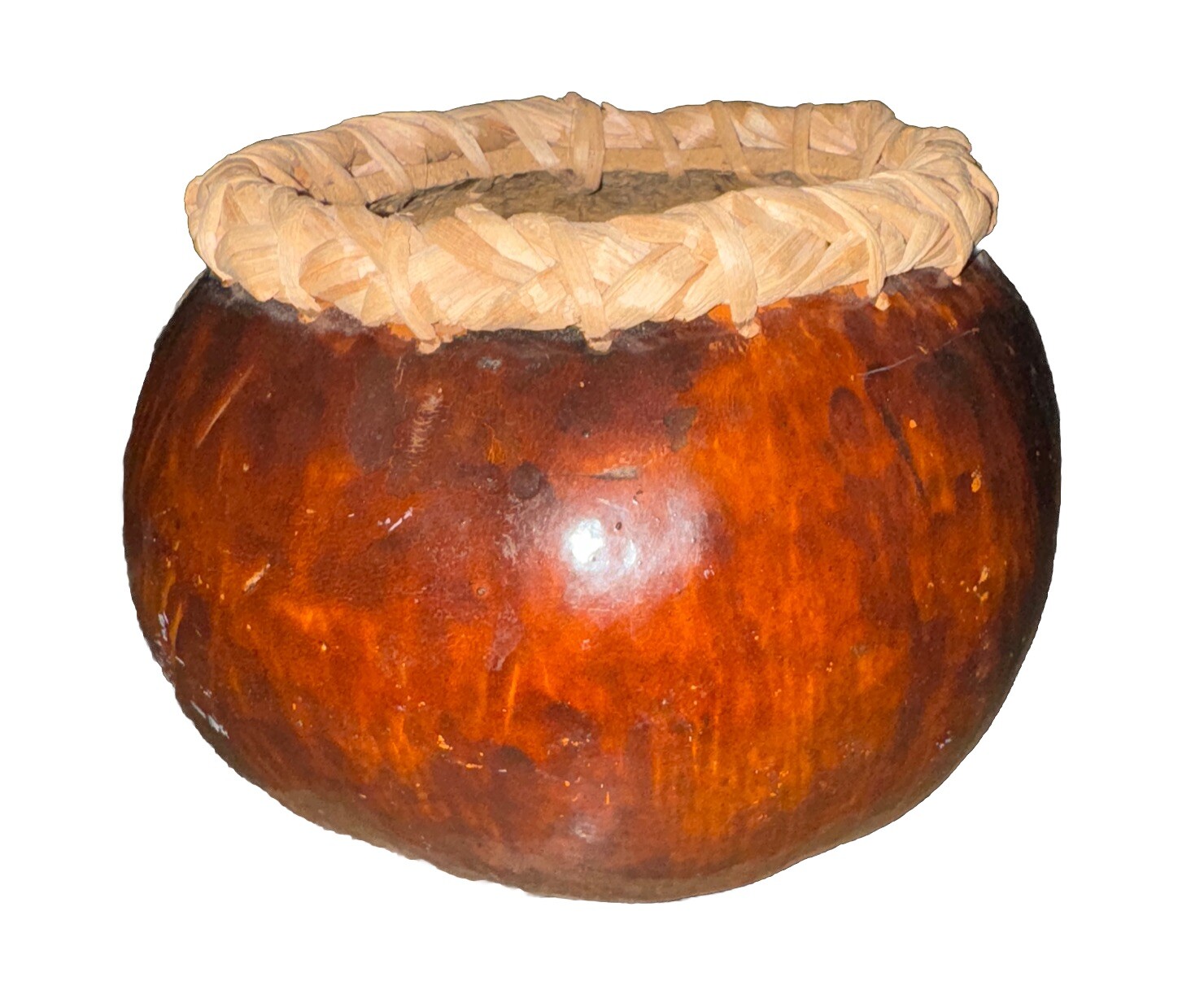 Vtg Handmade Gourd Bowl Basket Weave Rim Native Brown Earth Tones 6×7 Flaws