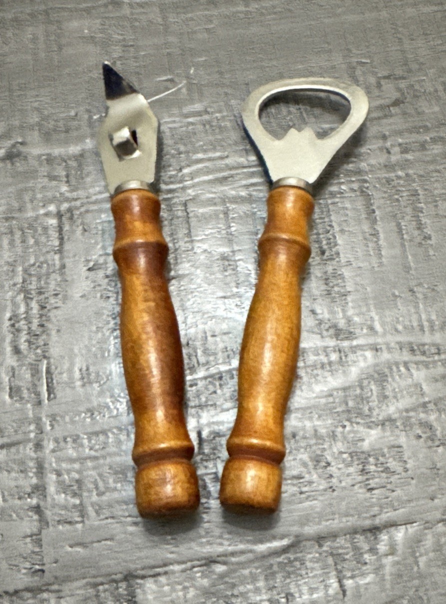 Vintage Wooden Handle Bottle Opener & Can Piercer Set Mid Century Barware