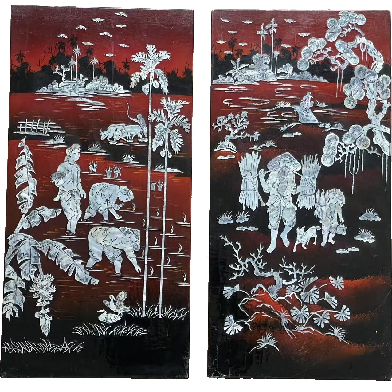 Pair of Vintage Asian Lacquer & Mother of Pearl Inlaid Panels Rural Farmers Oxen