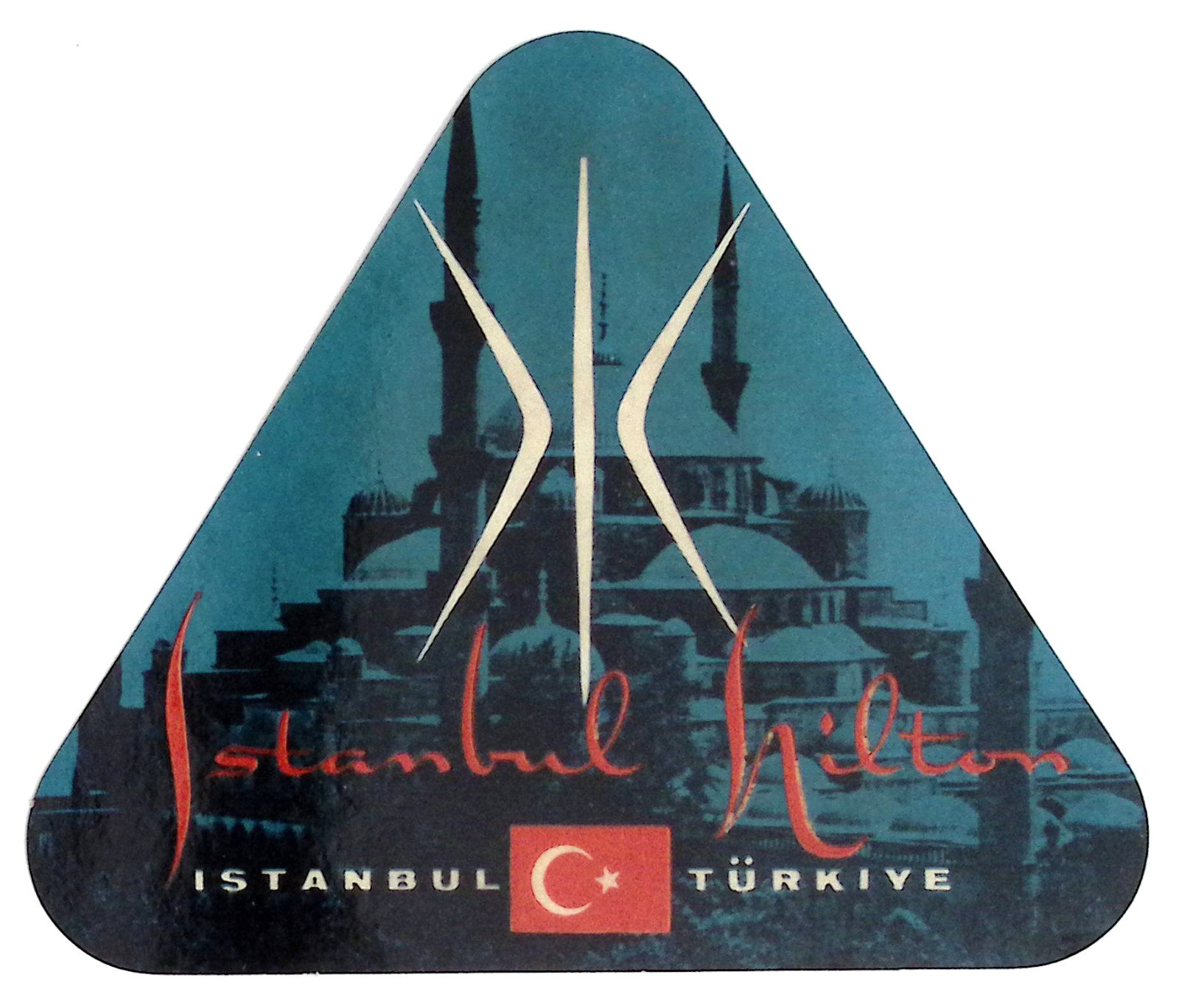Istanbul Hilton Turkey Turkiye 1960s Triangle Luggage Label 3.75″H