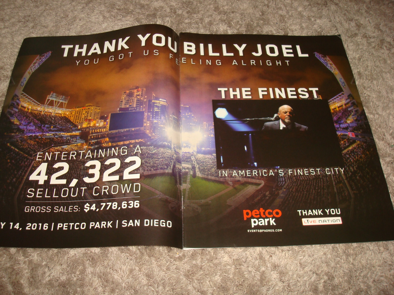 BILLY JOEL Thank You 2016 ad for sold out show at Petco Park, San Diego