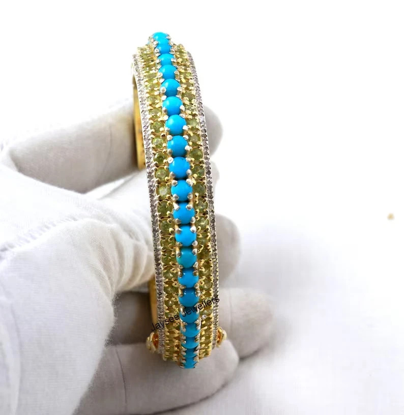 Pave Diamond & Turquoise Peridot Women’s Bangle 18k Yellow Gold Over