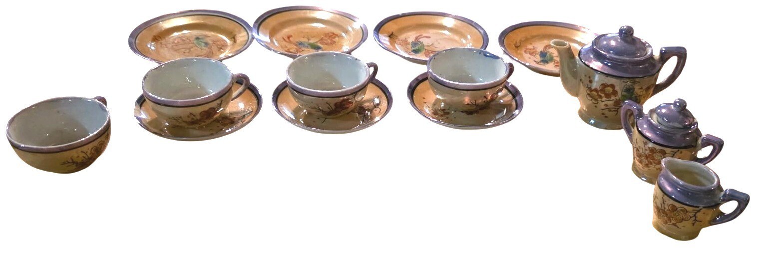 11pc Vintage Miniature Tea Set Japanese Hand-Painted Porcelain Floral & Bird