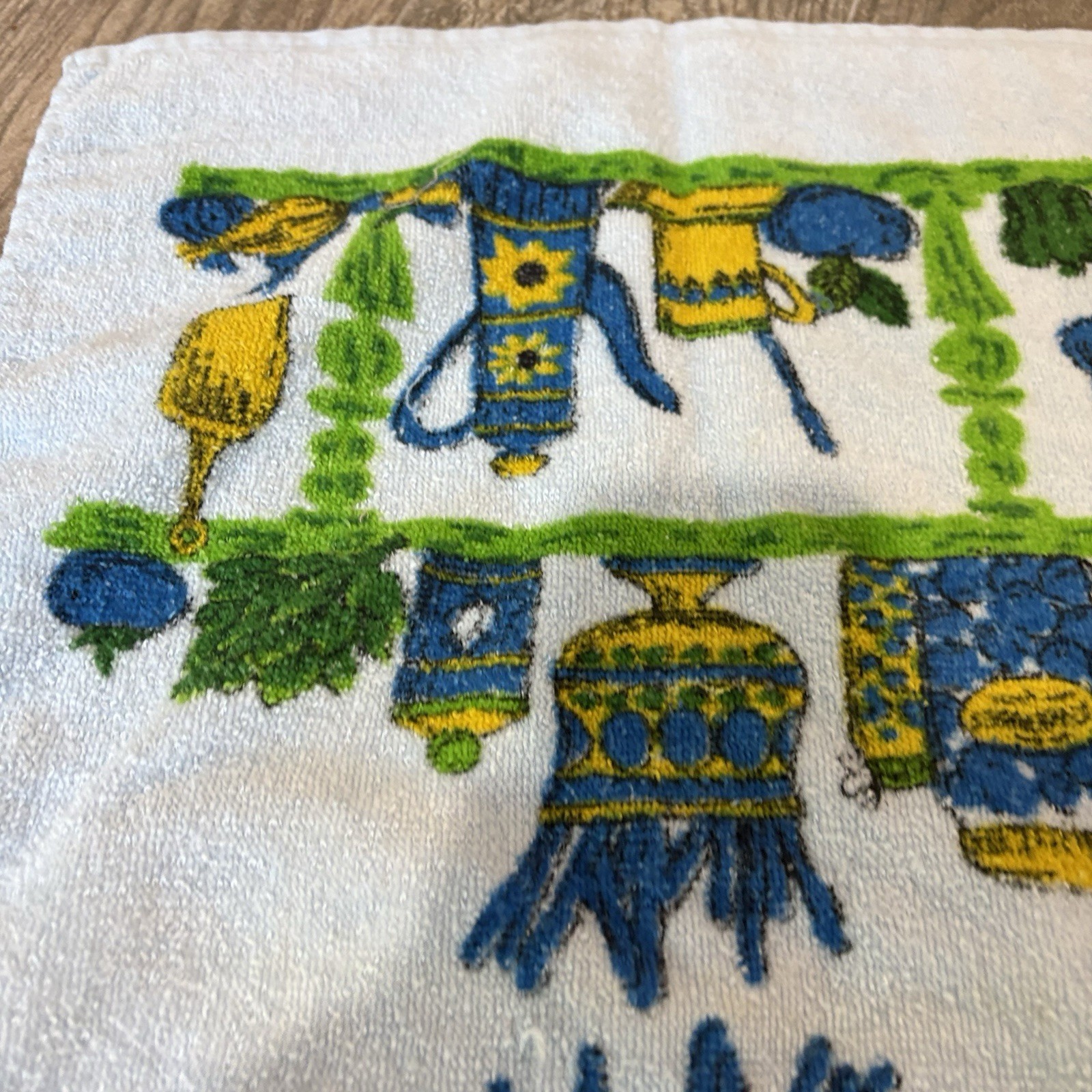 Vtg MCM Kitchen Teal Blue Terry Hand Towel Kitsch 70s Retro Groovy