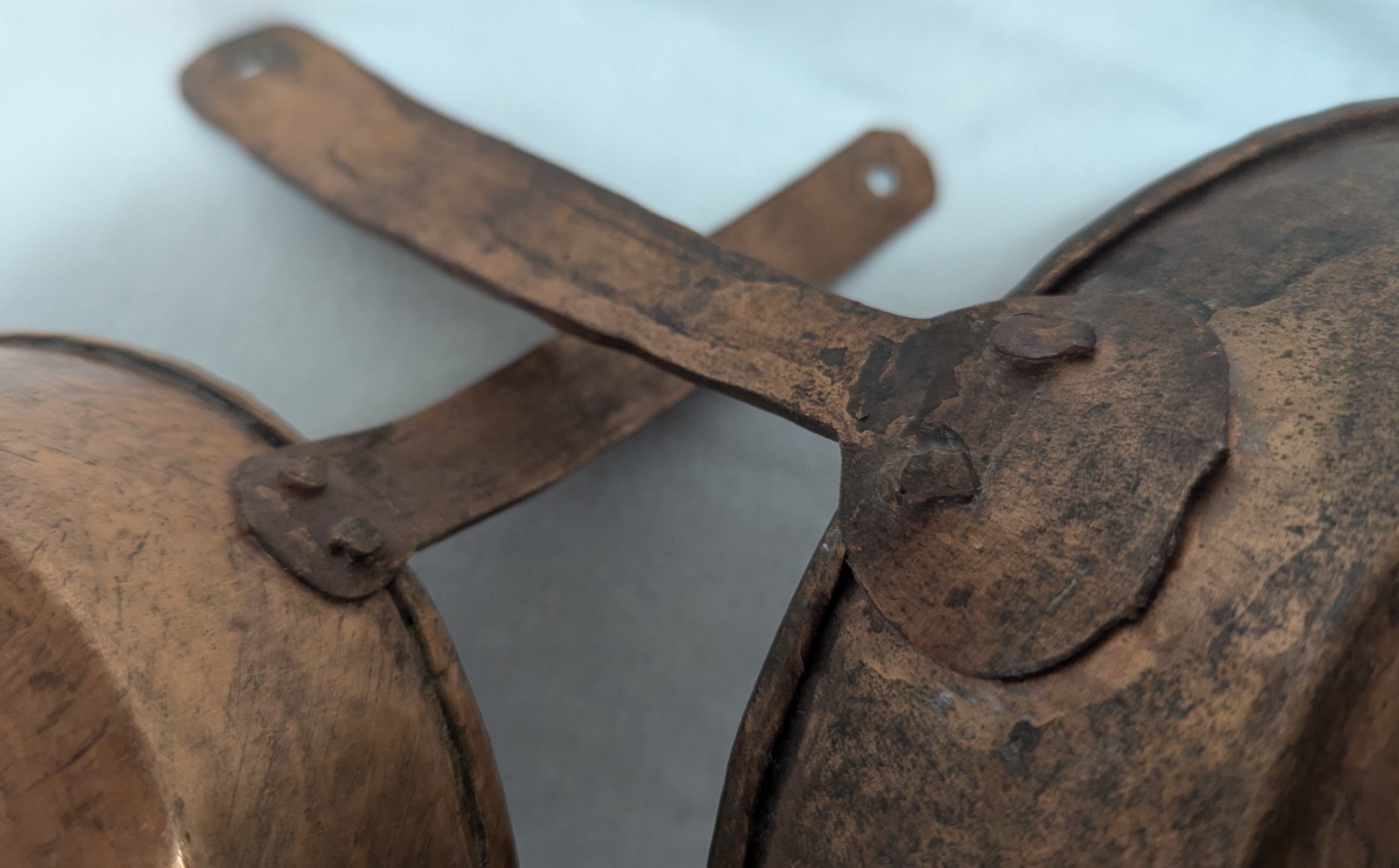 Two Primitive Hand Forged Hammered Solid Copper Fry Pans Riveted Handles