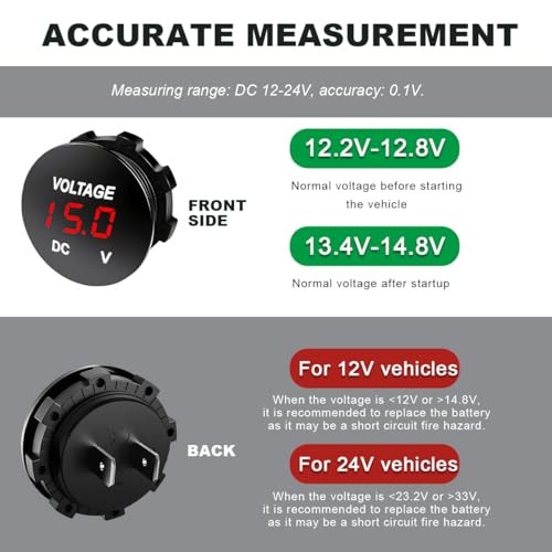 DC 12V 24 V Voltmeter Gauge, Car LED Digital Display Round Panel Voltage Red