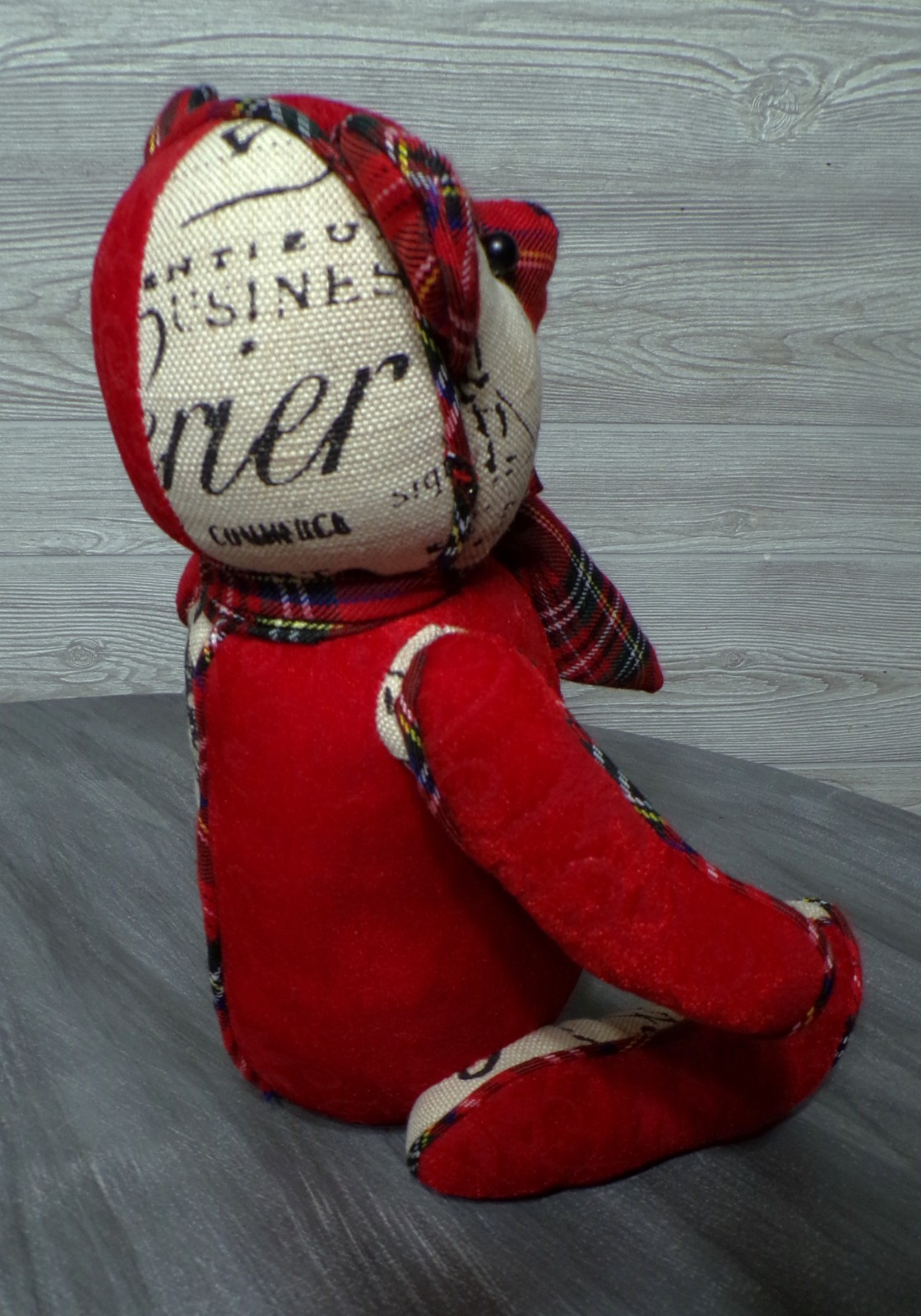 Vtg Christmas Teddy Bear Plush Red Velvet Canvas Print Sleigh Bell Plaid Bow 12″
