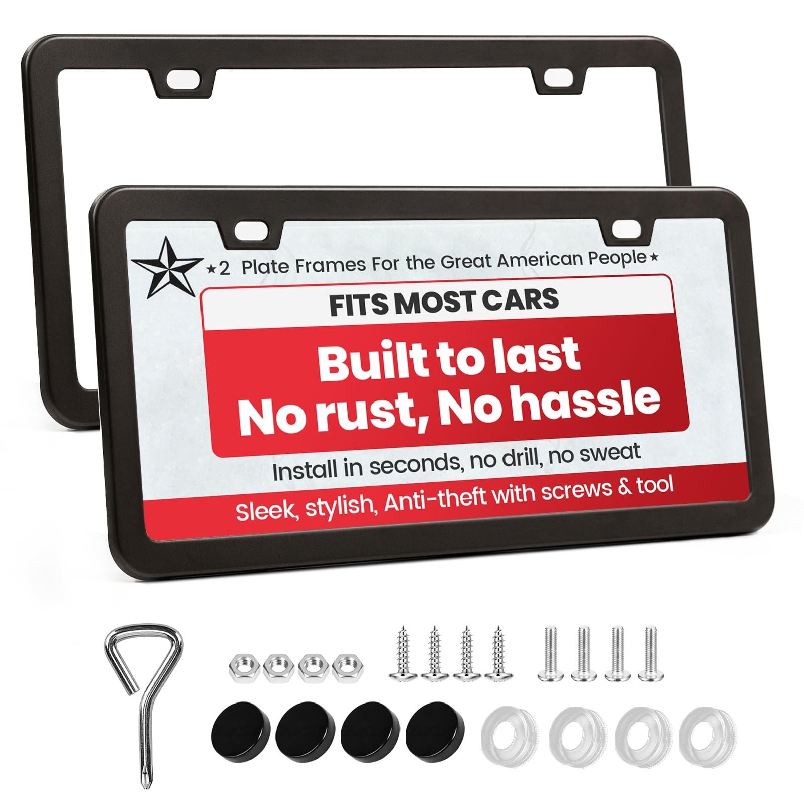 2 Pack Premium Matte Black License Plate Frames with 2 Holes, RustProof Alumi…