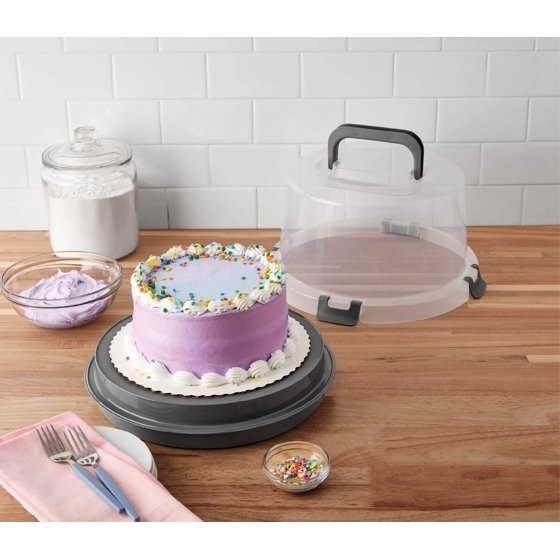 Mainstays Cake & Cupcake Carrier with Flippible Base, Lid, Handle & Clasps, Grey