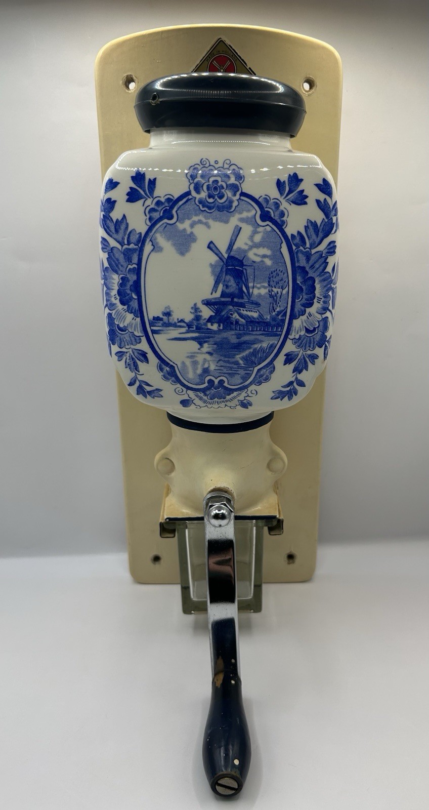 De Ve HOLLAND Wall Mount Coffee Grinder Mill, Blue Delft Windmill, 1950’s