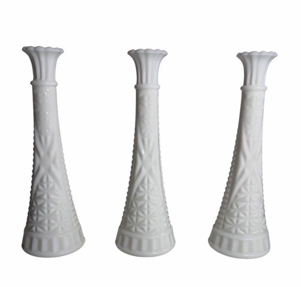 Milk Glass White Bud Vases Stars & Bars 9″ Lot of 3 Wedding Flowers Vintage