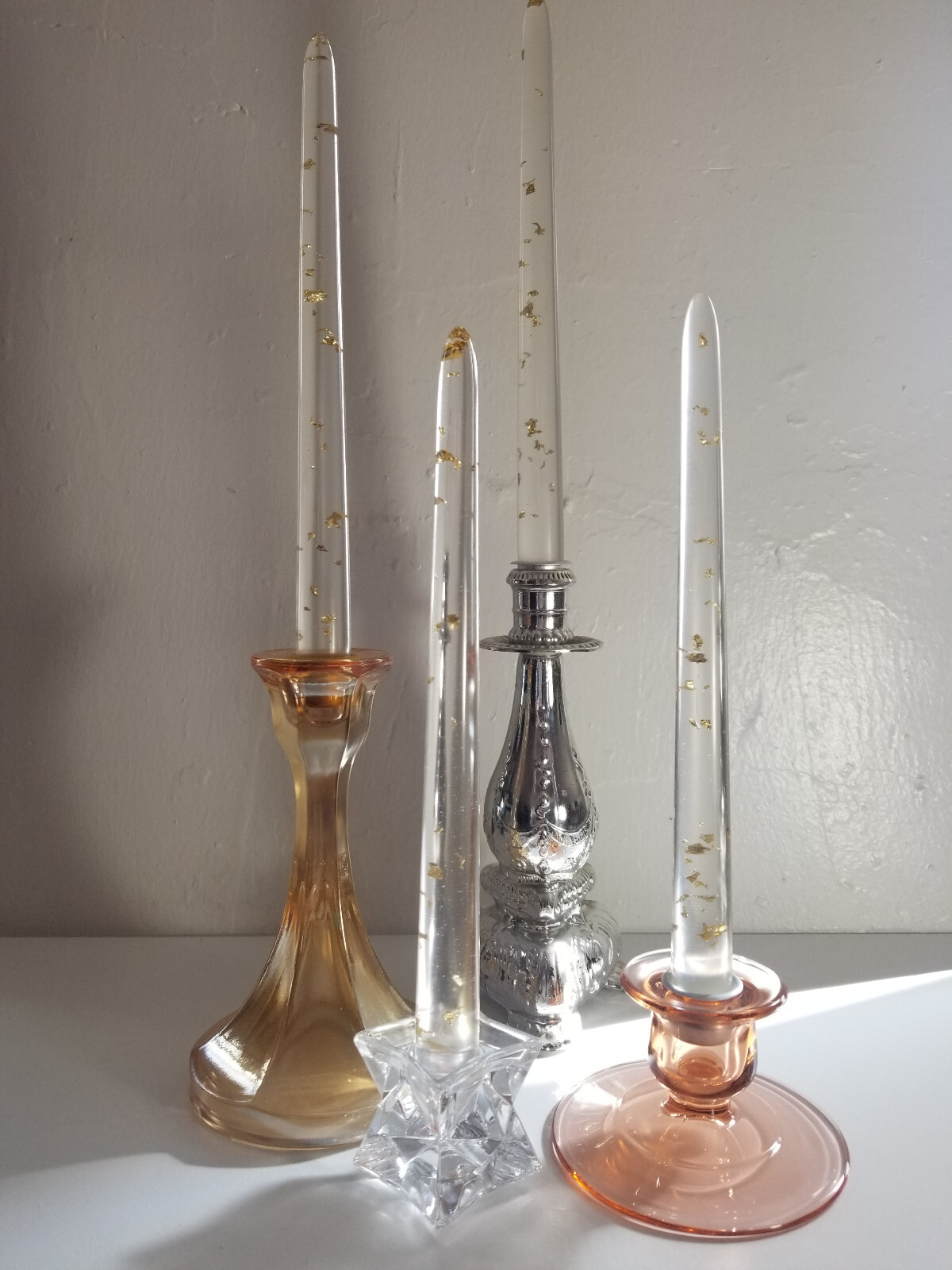 Sheer “Lucite” Candlesticks Flakes 10 inch 6 inch Pair Handmade ASSORTED COLORS