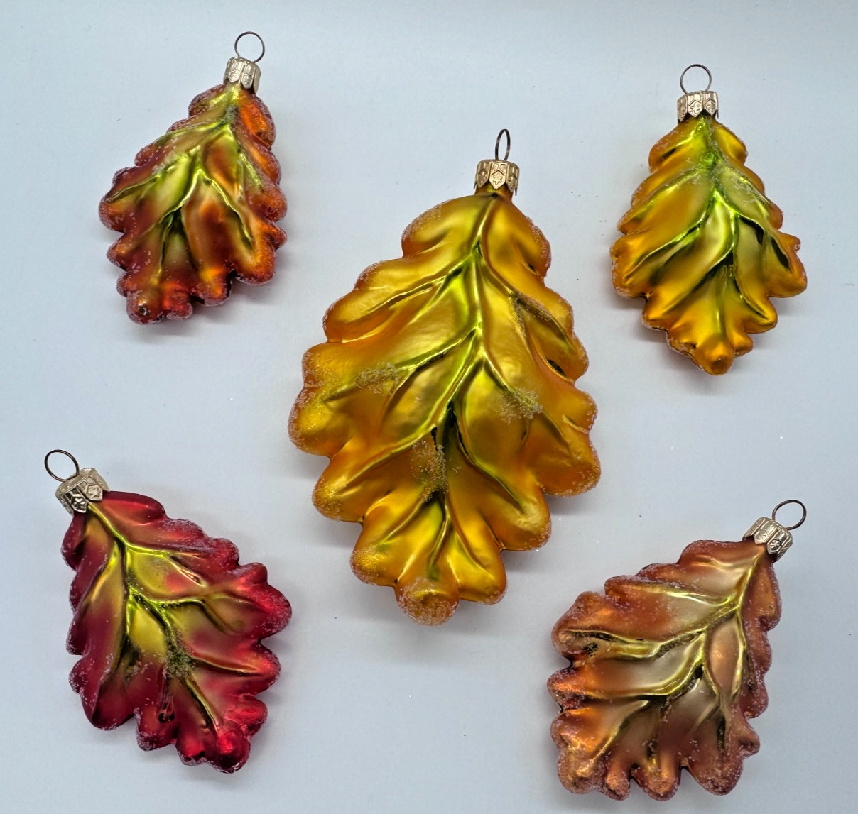 Vintage Christopher Radko Oak Frost Set of 5 Fall Leaf Glass Ornaments 1998 Rare