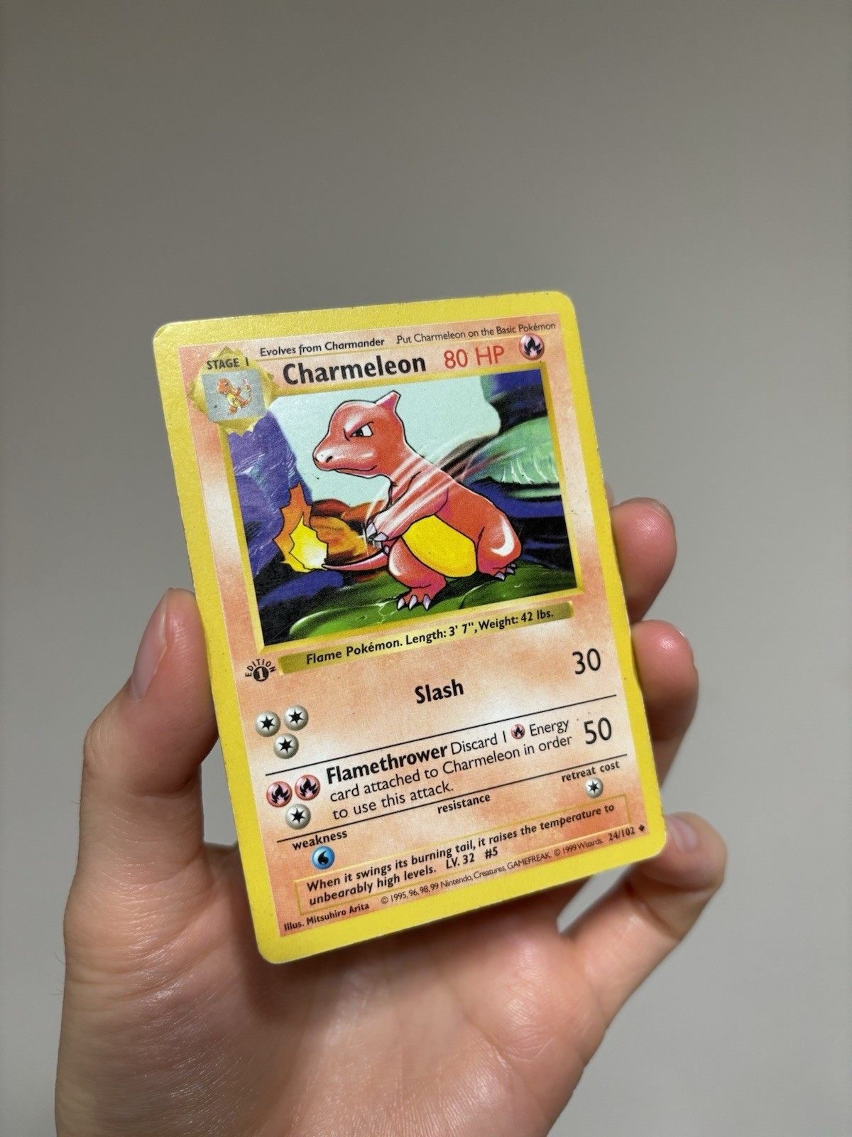 Charmeleon 1st Edition Shadowless 3D Grey Stamp Base Set 24/102 Pokemon Card MP