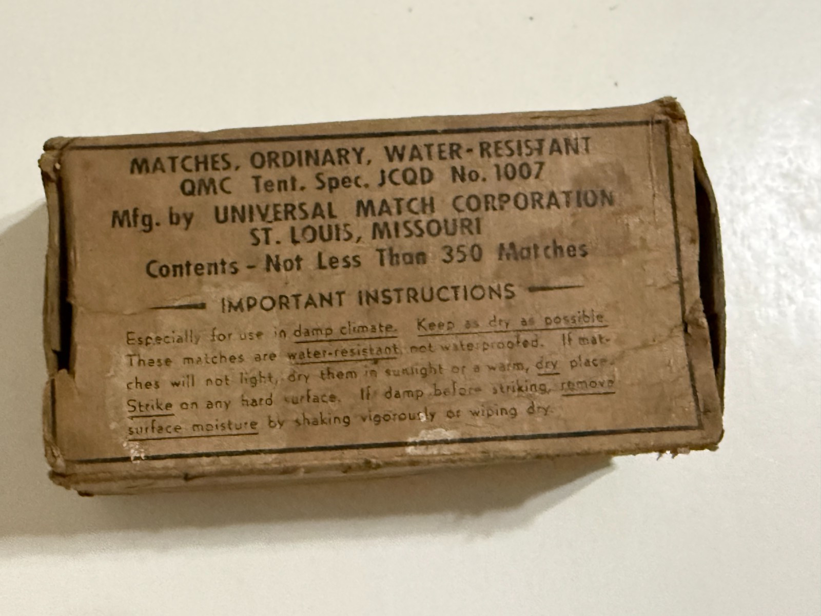 WWII Water-Resistant Universal Matches QMC Tent No. 1007, Box of