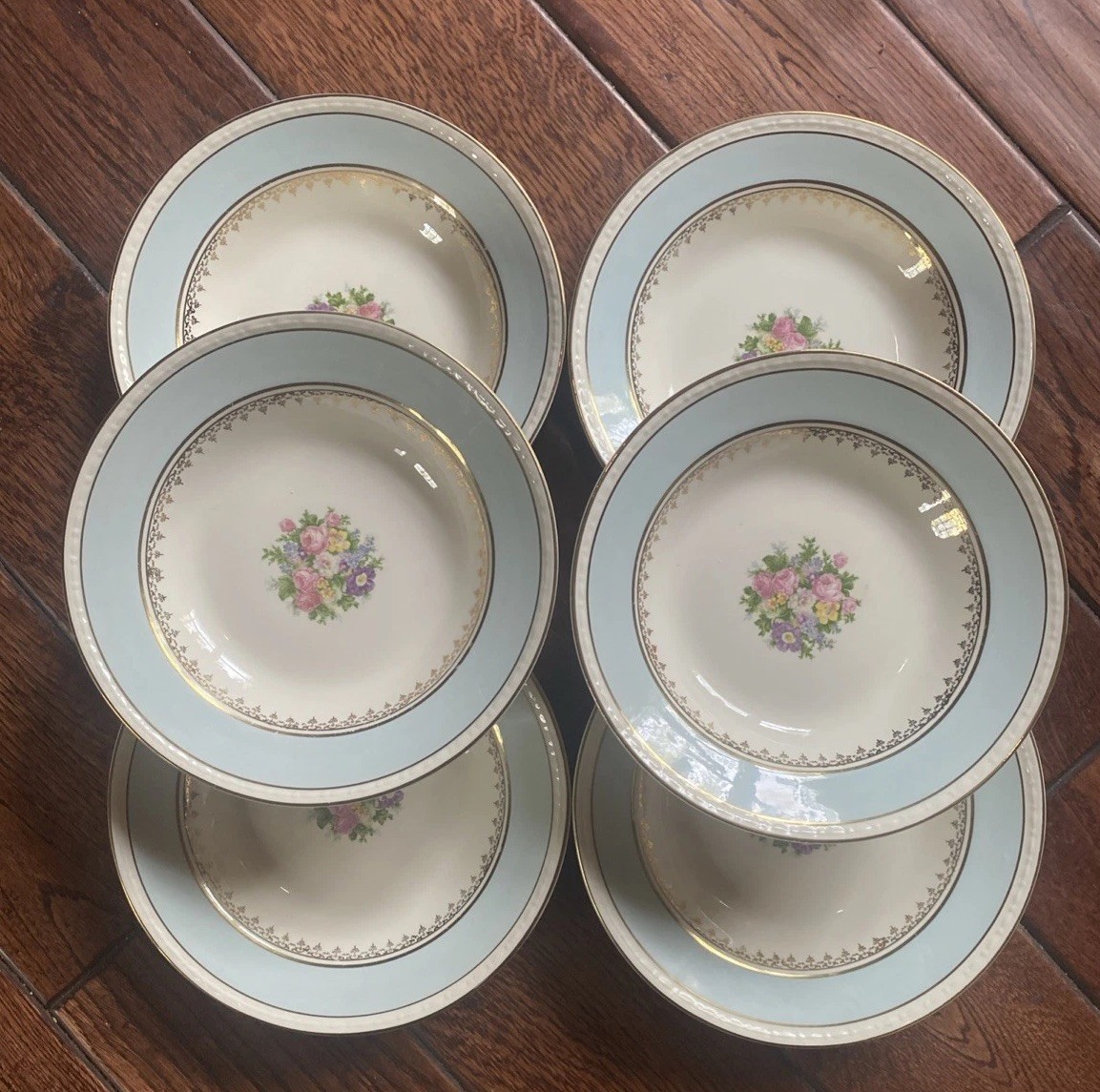 Homer Laughlin Eggshell Georgian Chateau Blue Floral 6 Salad / Soup Bowls 8”