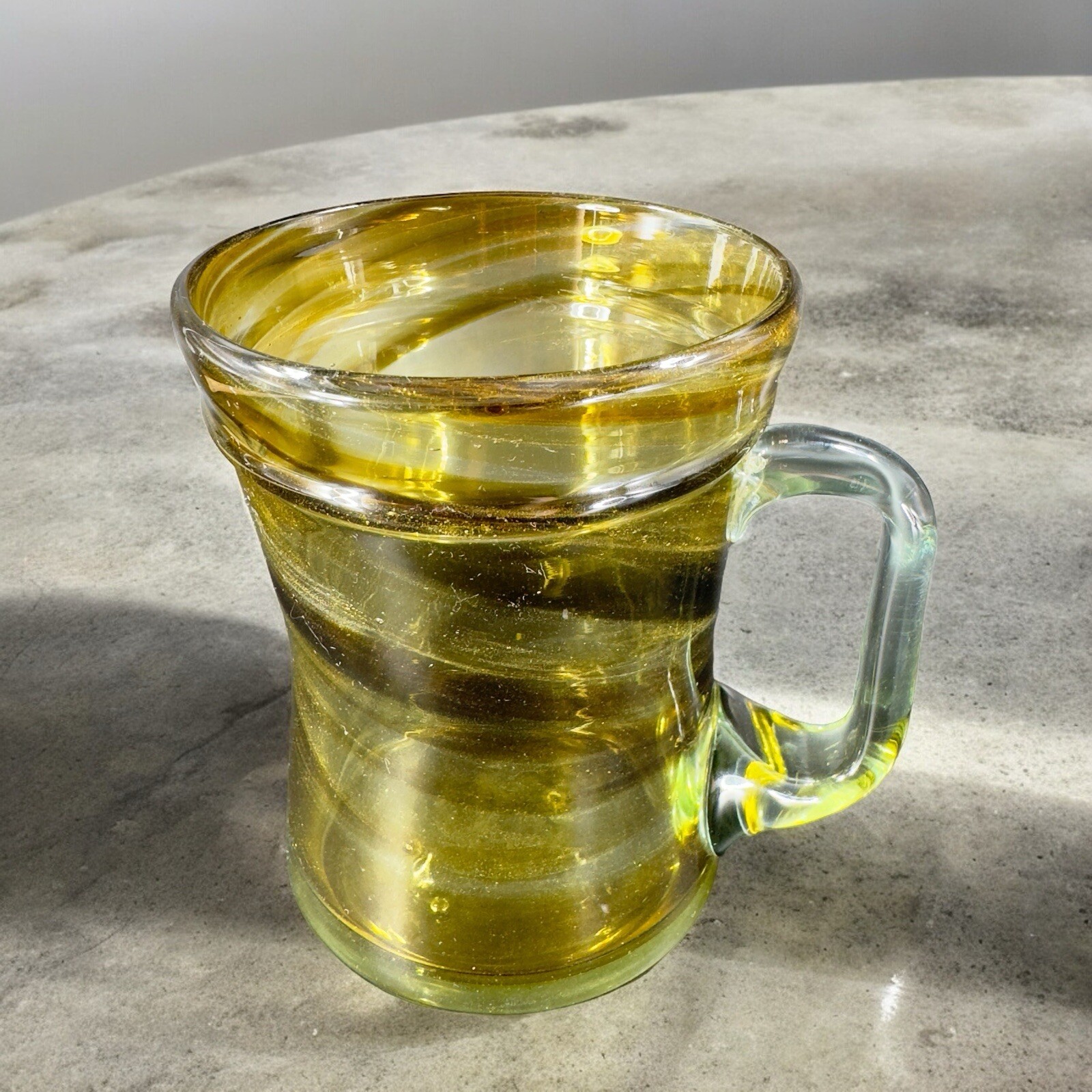 Hand Made Art Glass Mug Cup With Applied Clear Handle Green Black Swirls Lines
