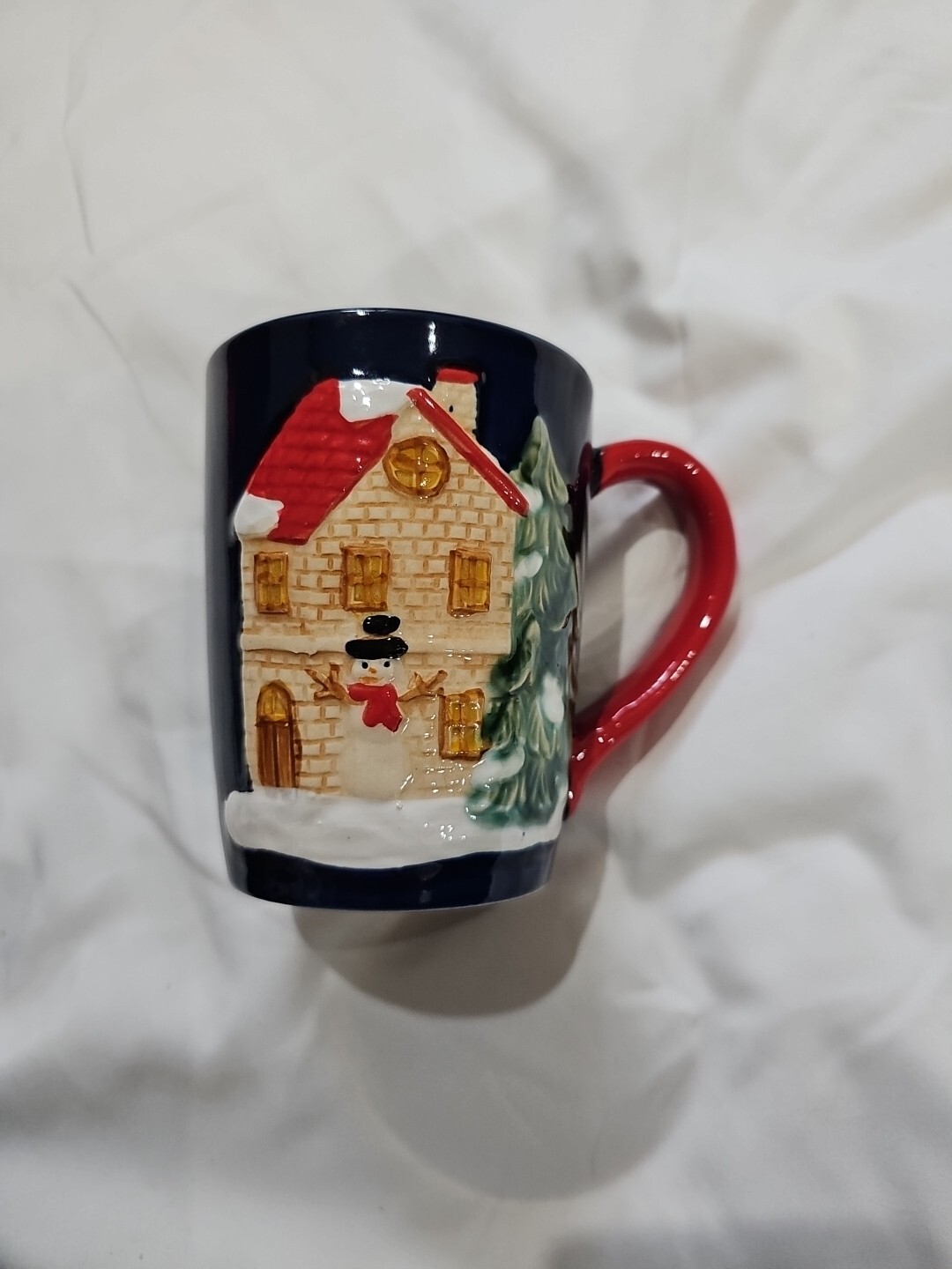 Winter Christmas Coffee Mug Blue with Red Handle and Snowman Stands 4 Inches