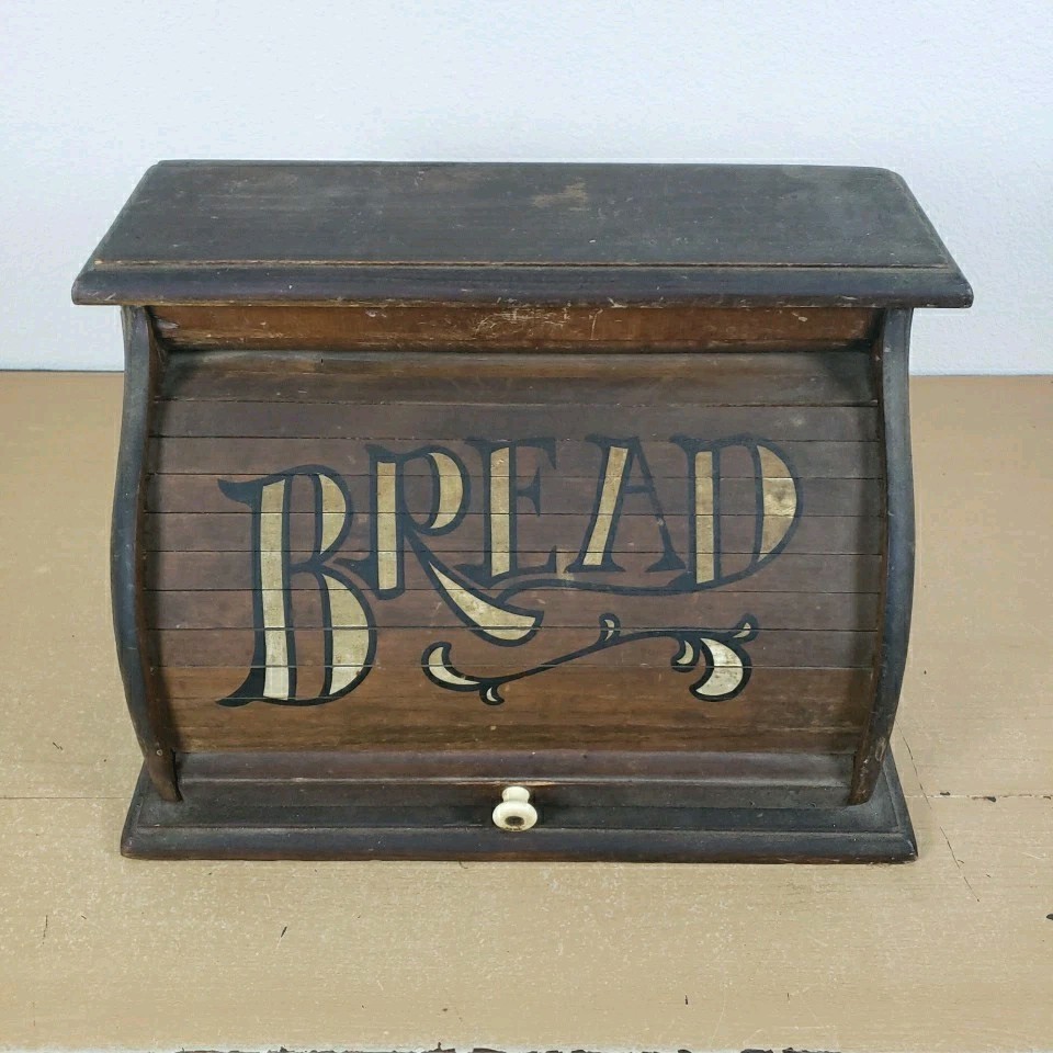 Vintage Roll Top BREAD BOX Storage Primitive Rustic Farmhouse Wood Box