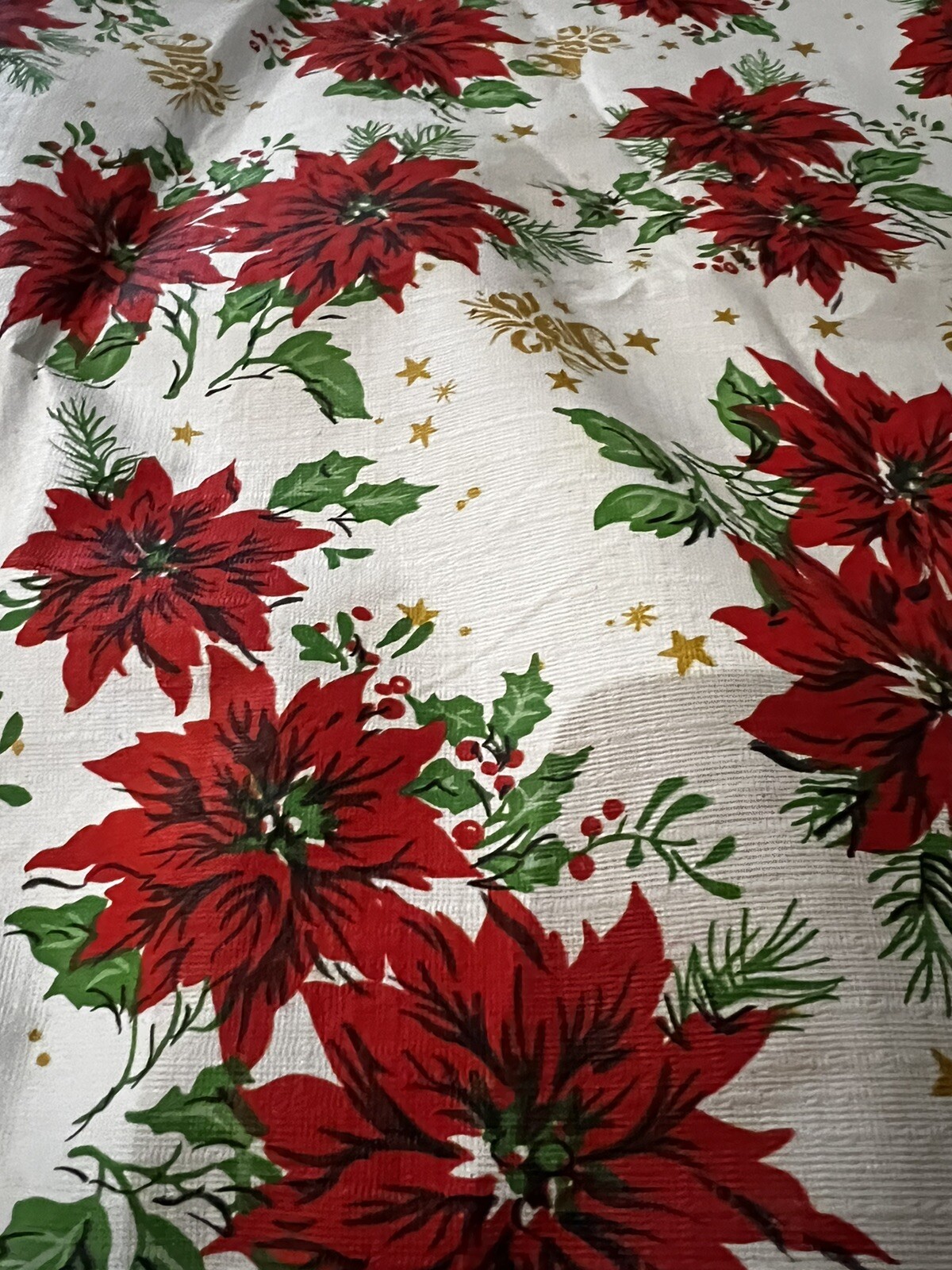 Vintage Round 60”Cotton Vinyl Tablecloth Fringe Poinsettia Red Green White