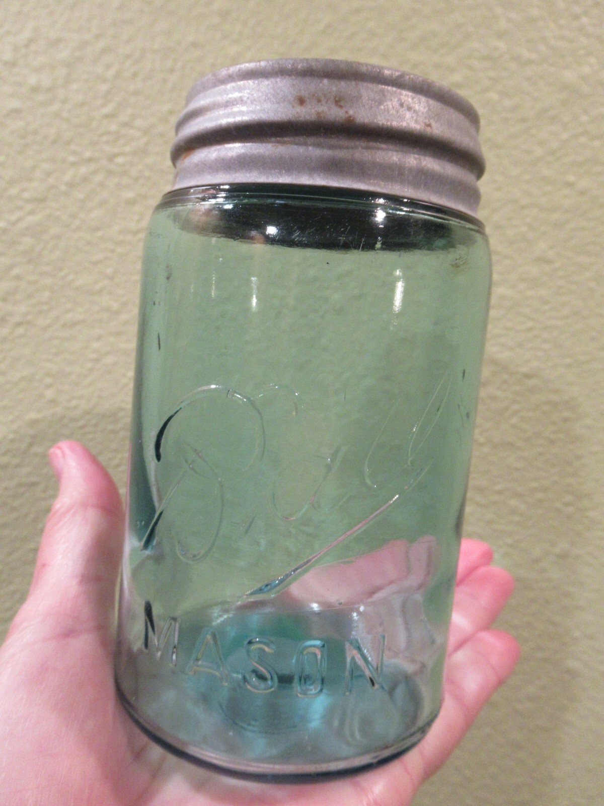 Antique Blue Aqua Ball Mason Pint Canning Jar w Air Bubbles & Zinc Lid