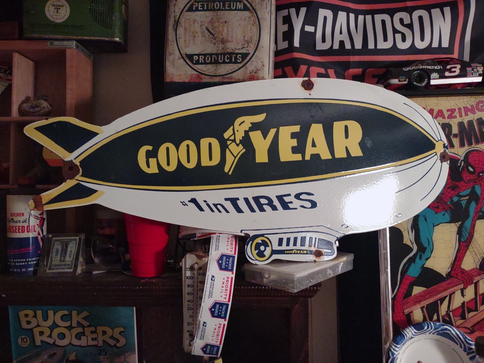 VINTAGE LARGE GOODYEAR BLIMP 30″ PORCELAIN METAL SIGN AUTO AVIATION ADVERTISING