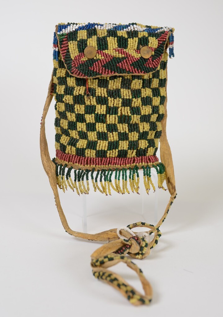 Apache Beaded Bag with Strap, Flap, Button Closure, and Oval Rawhide Base