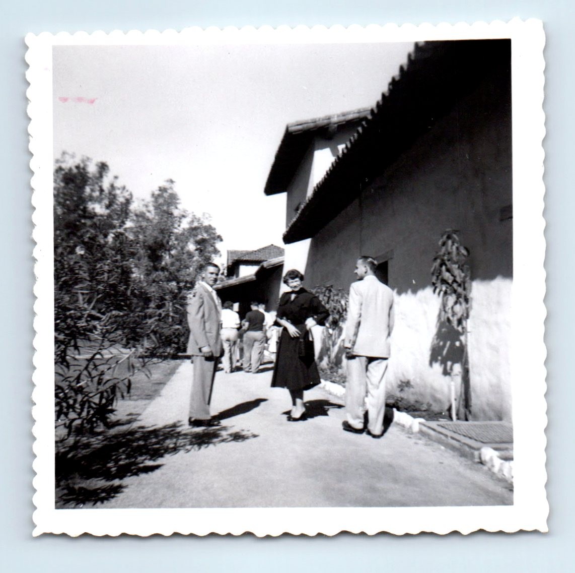 Old Vintage Square Photo MEN WOMEN GROUP PEOPLE BY BUILDING SNAPSHOT PICTURE