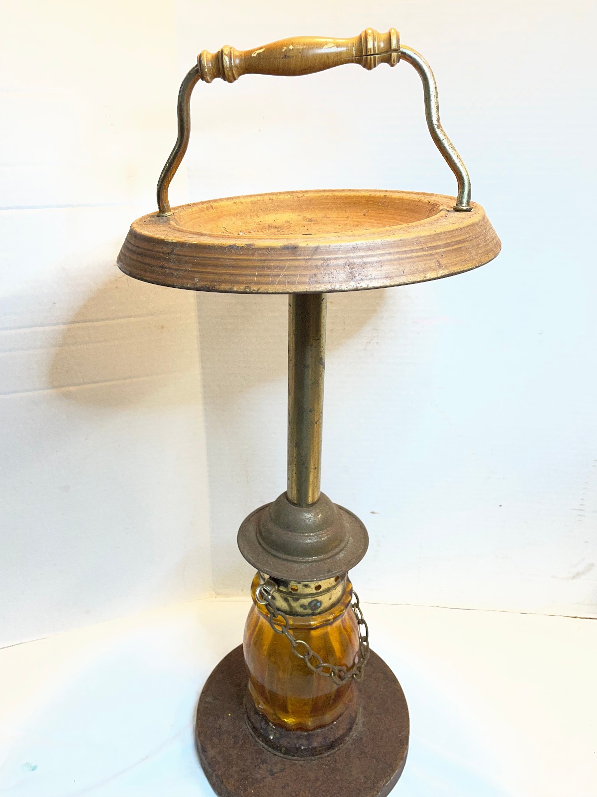 Vintage Ashtray Stand Hollywood Regency Amber Glass Metal Base Floor 27″