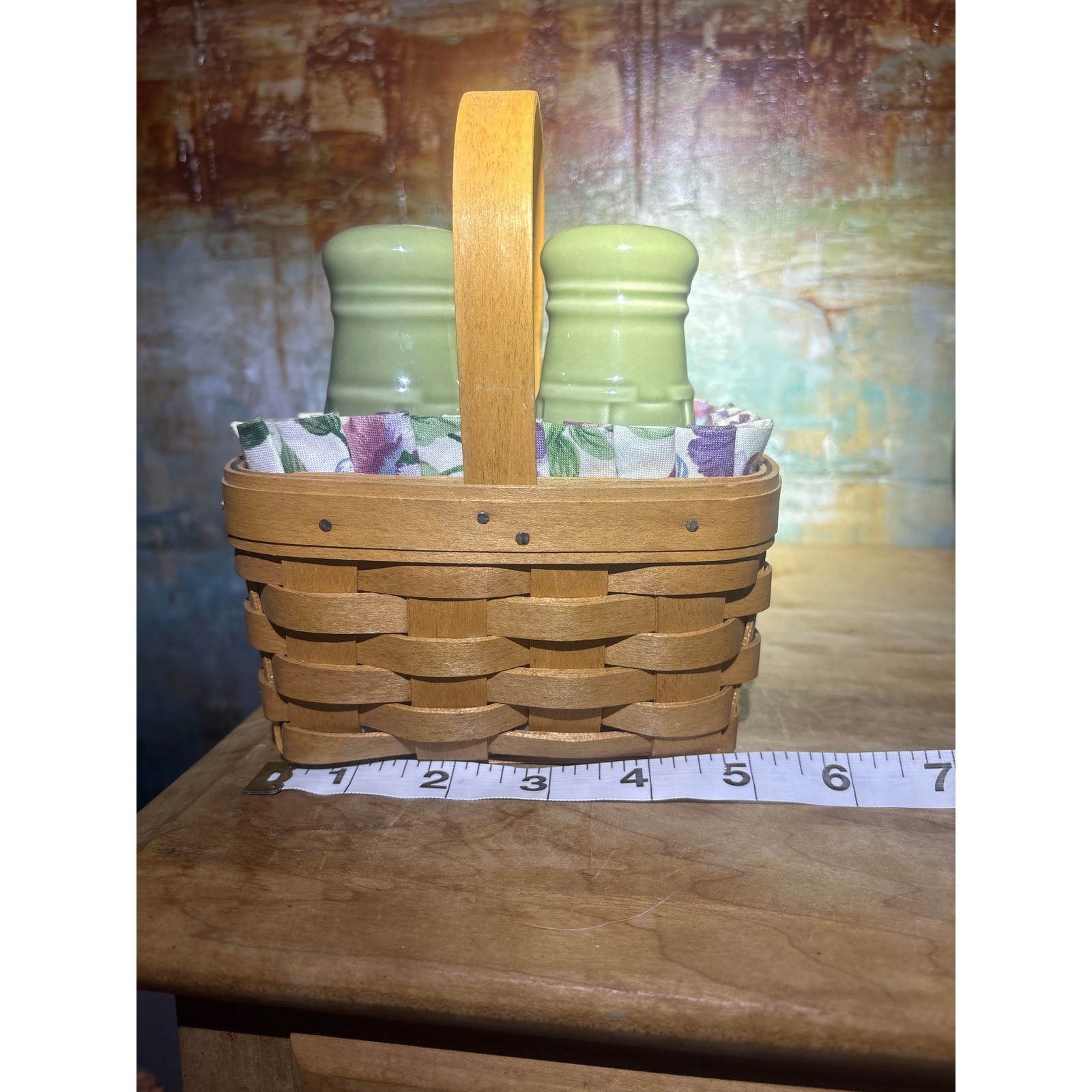 Longaberger Salt and Pepper Shaker Sage Green Ceramic Basket Floral Liner 2001