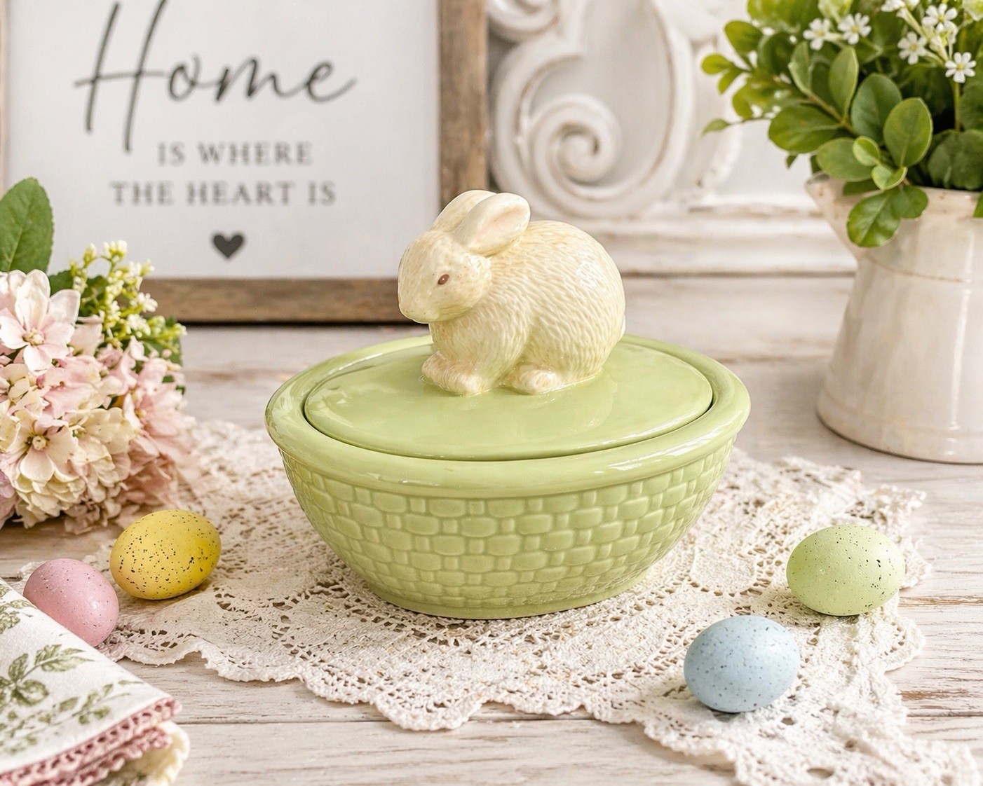 Ceramic Bunny Covered Dish Green Rabbit Lid Candy Trinket Bowl Easter Decor