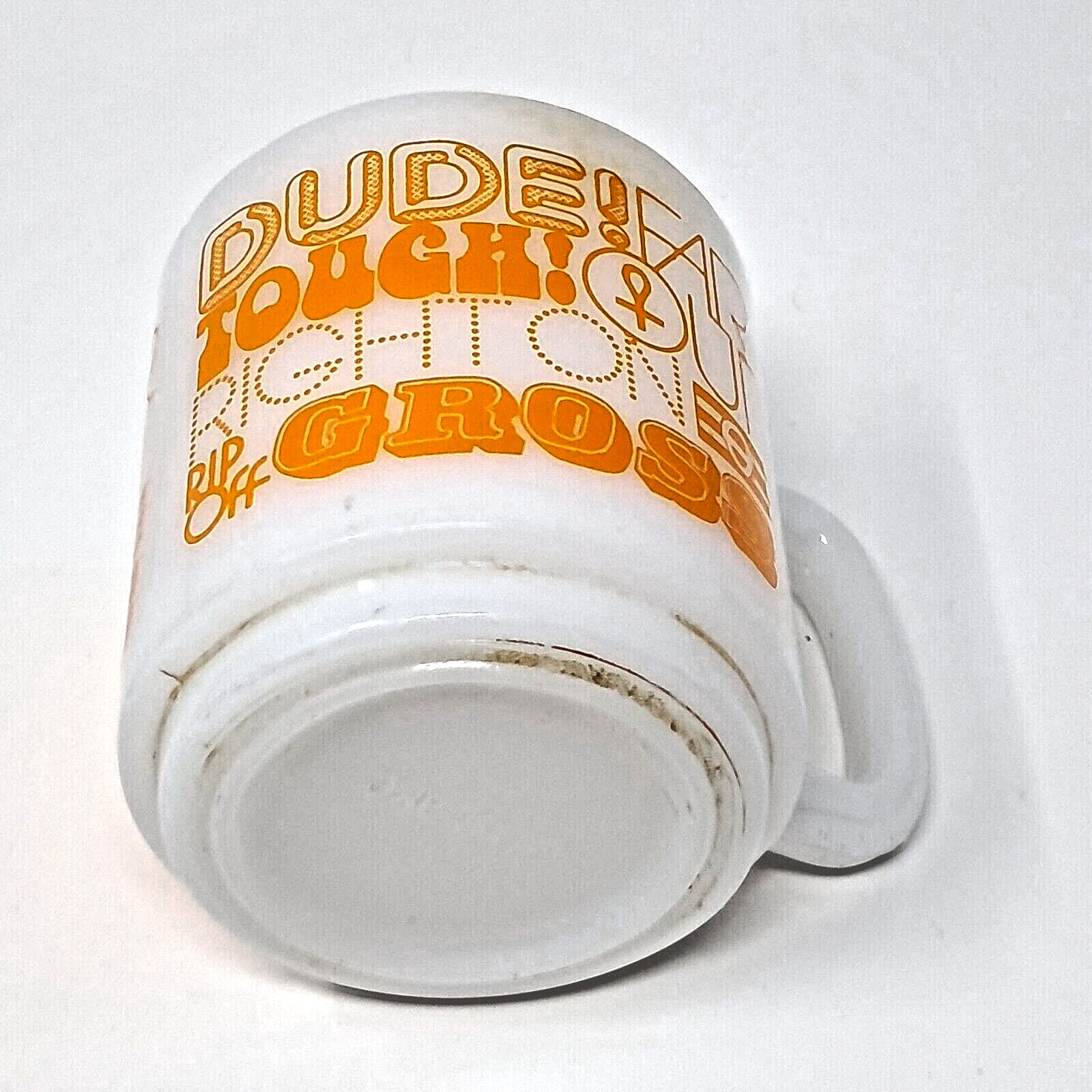 Glasbake 7 fl oz Milk Glass Coffee Cup white w/ orange graphics Vintage far out