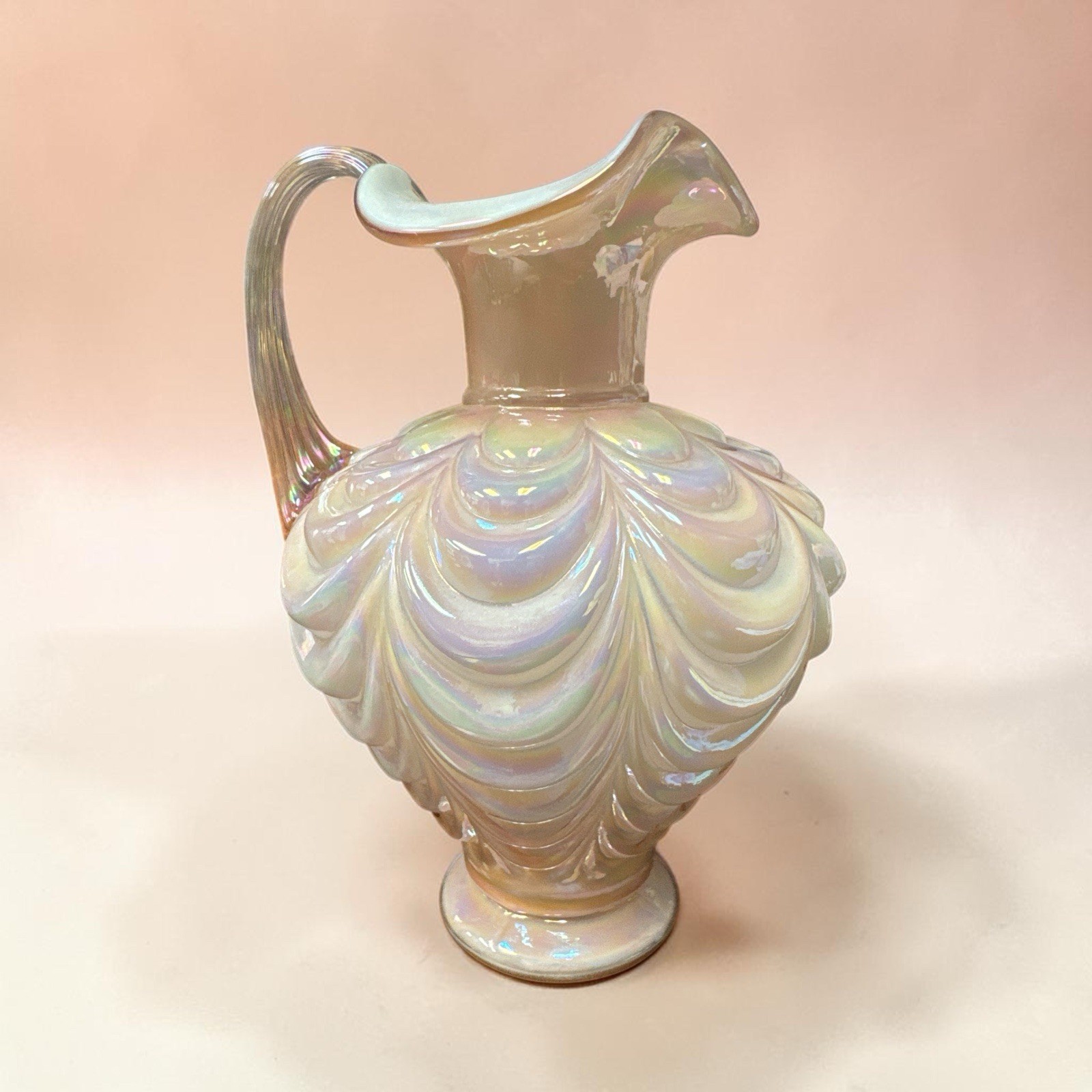 Fenton Iridescent Opalescent Art Glass Drapery Pitcher Pearl 7.5”