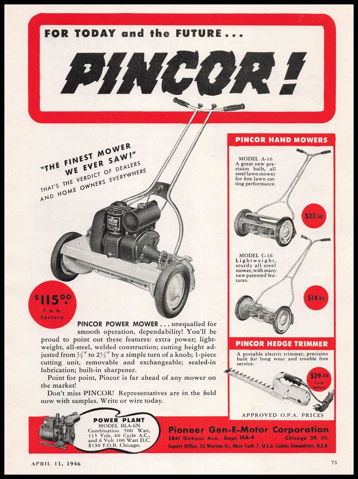 1946 Pincor Model A-16 & C-16 Hand Powered Lawn Mowers Chicago Vintage Print Ad