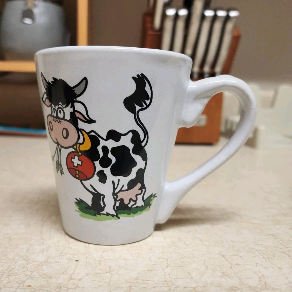Confiland Cow Switzerland Ceramic Mug White Black Painted Animal Theme Novelty