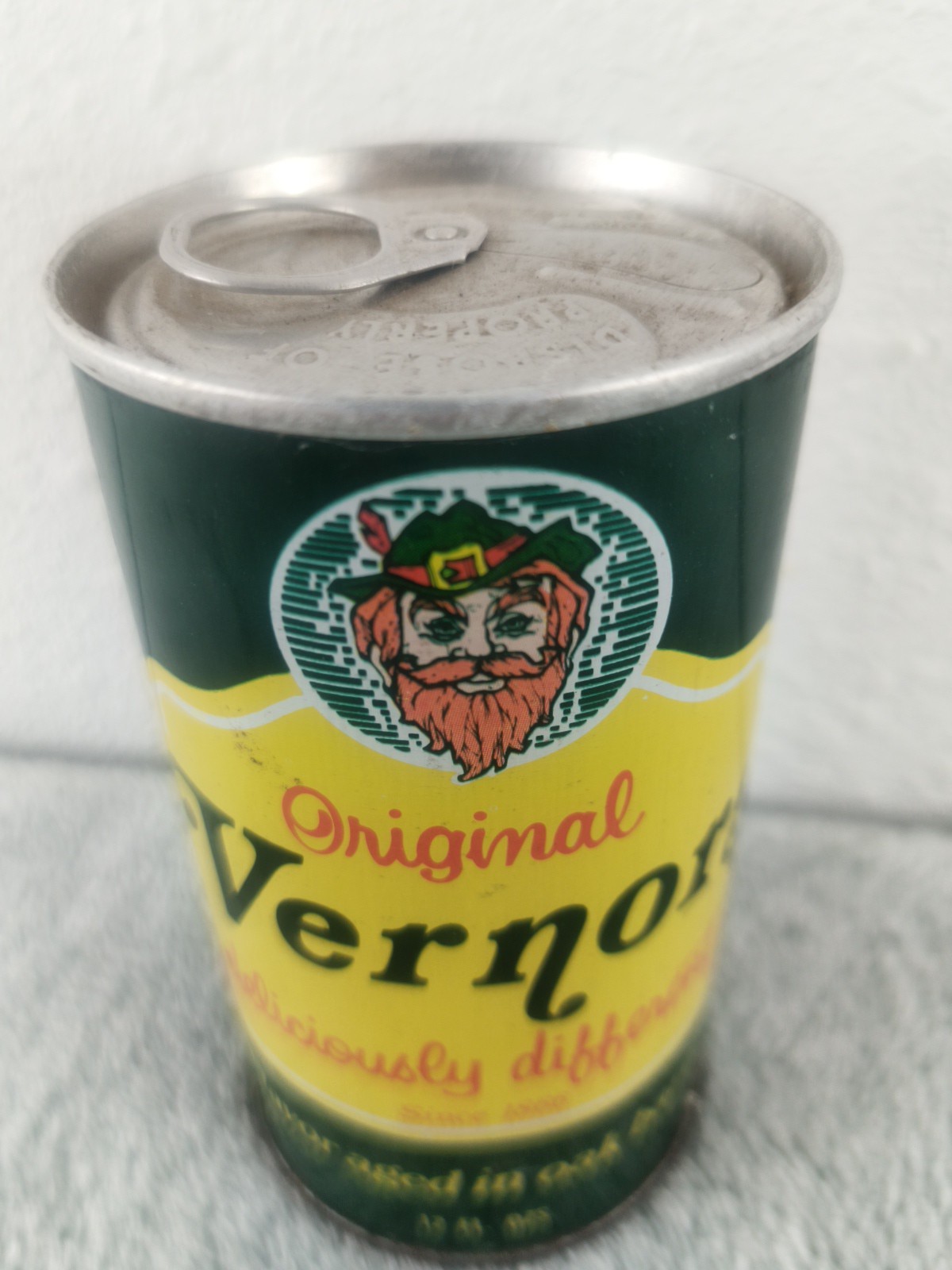 Vintage ORIGINAL VERNORS Ginger Ale Tin Metal Can *(Unopened Top; Side Hole Pic)
