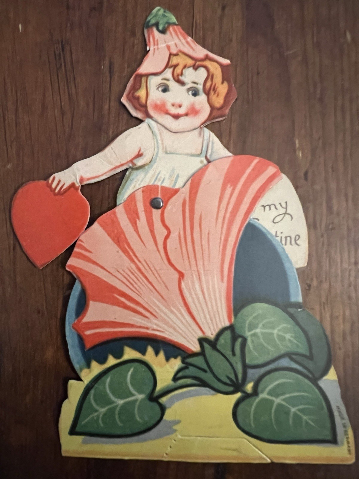 Antique Valentines Day Card Mechanical Flower Child Made in Germany Stand Up