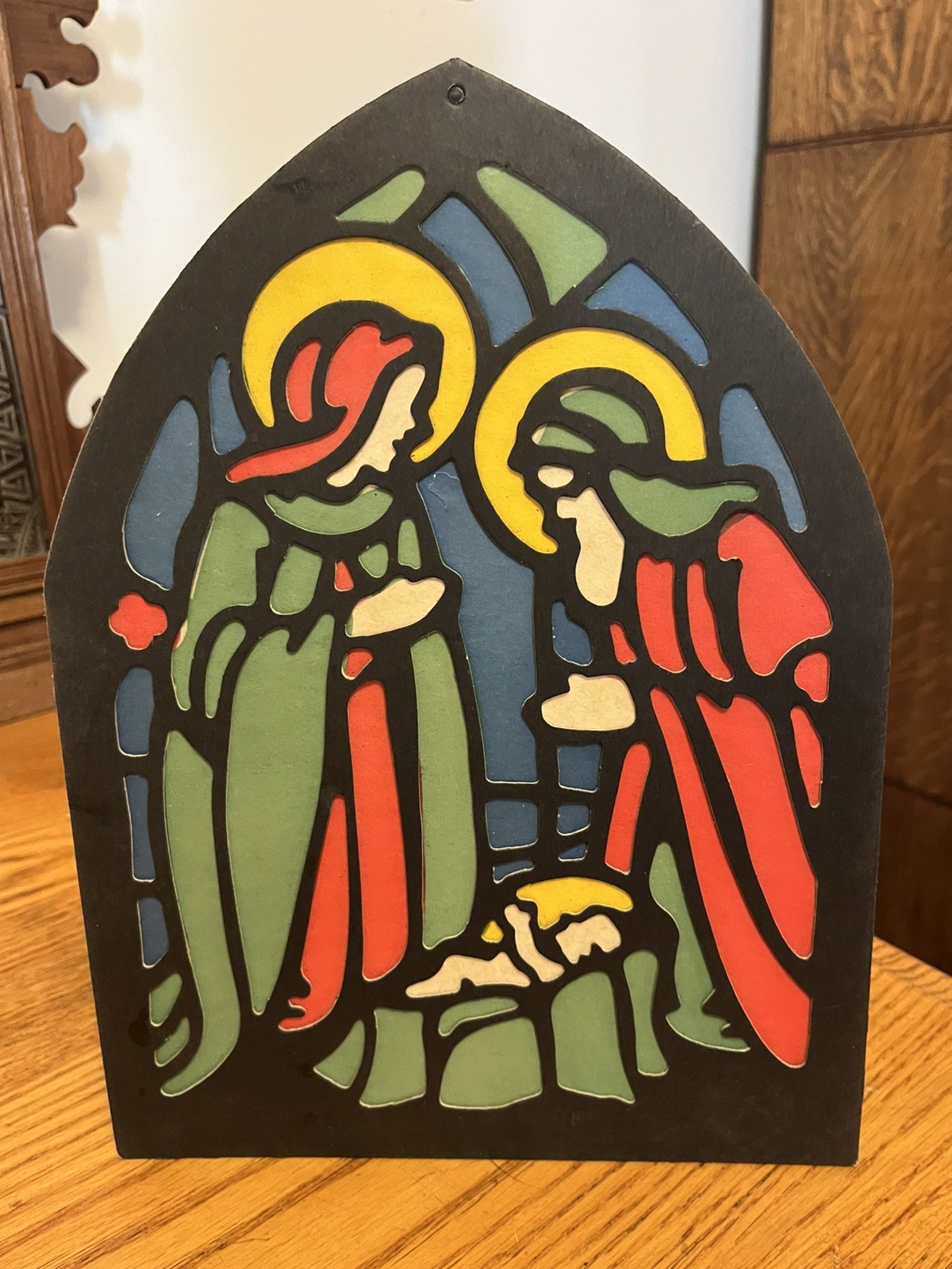 Vtg Christmas Cardboard Paper Stained Glass Silhouette Wall Décor Nativity