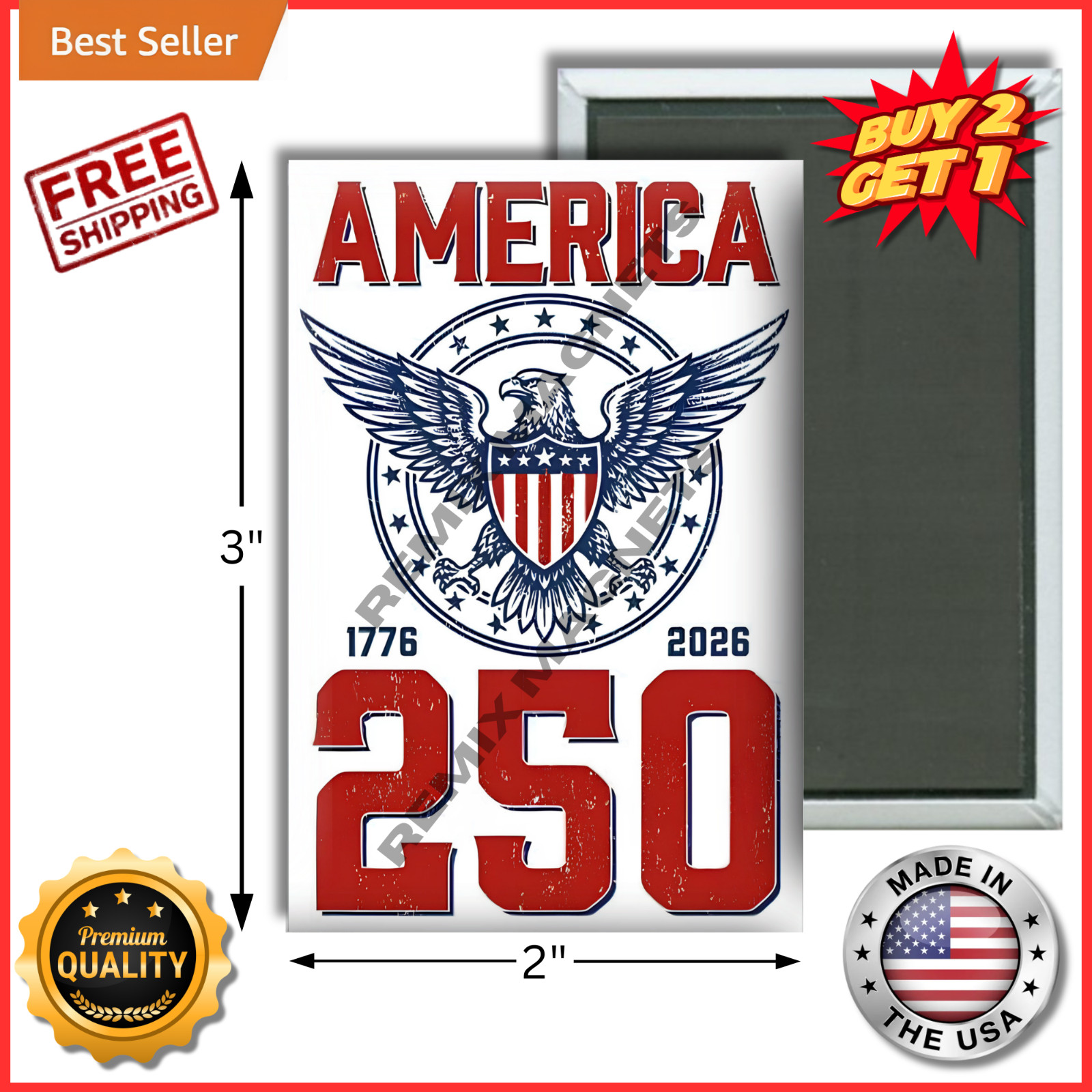 USA America American 250 Years of Freedom 1776 – 2026 2″ x 3″ Locker Magnet